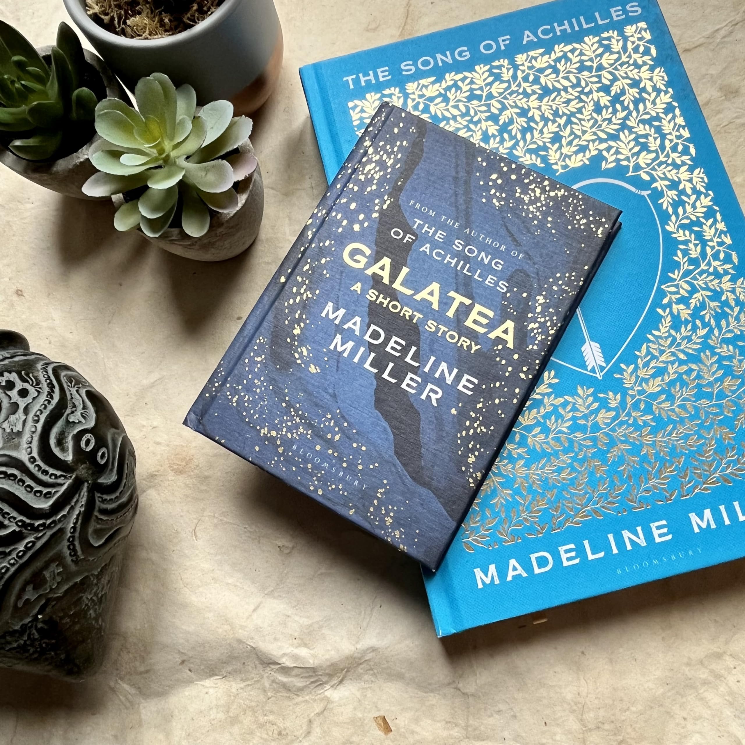 Hardback edition of "Galatea" by Madeline Miller, showcasing the book cover with artistic design and title prominently displayed.