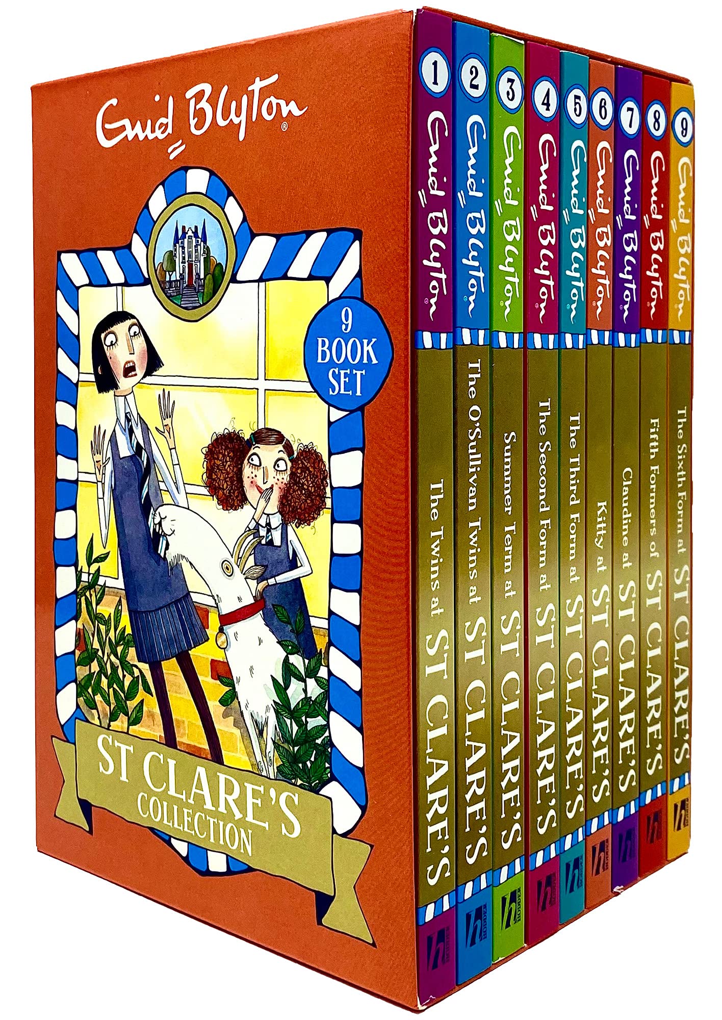 St Clare's 9 Books Collection Set by Enid Blyton in paperback for ages 8-12, featuring colorful covers and vibrant illustrations.
