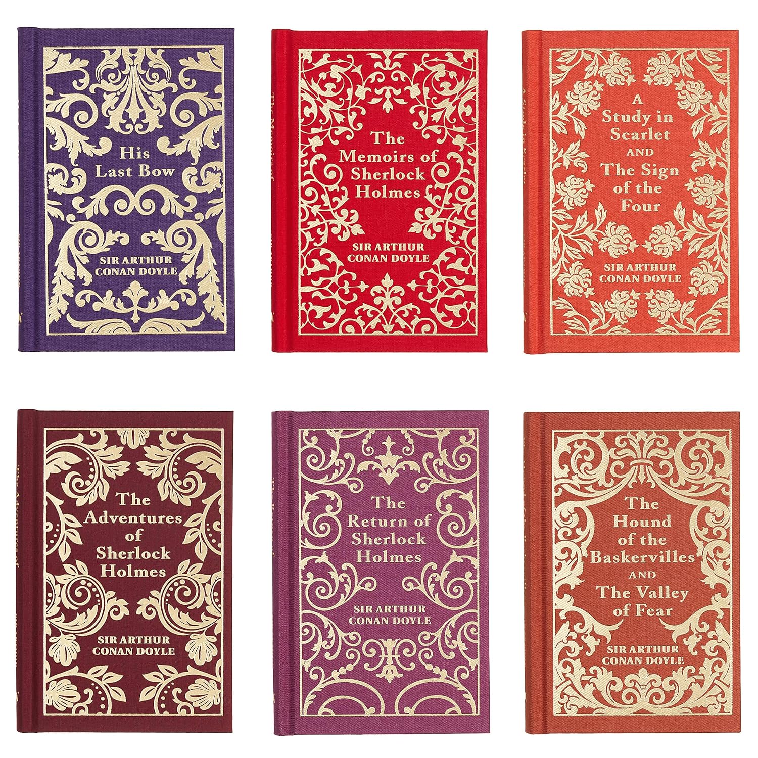 Six hardcover Sherlock Holmes books by Arthur Conan Doyle in a Sirius collection box set, featuring classic detective stories.