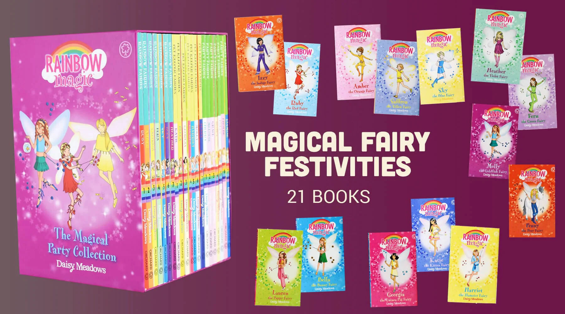 Rainbow Magic book collection set by Daisy Meadows featuring 21 paperback books for children ages 3–8, with colorful covers.