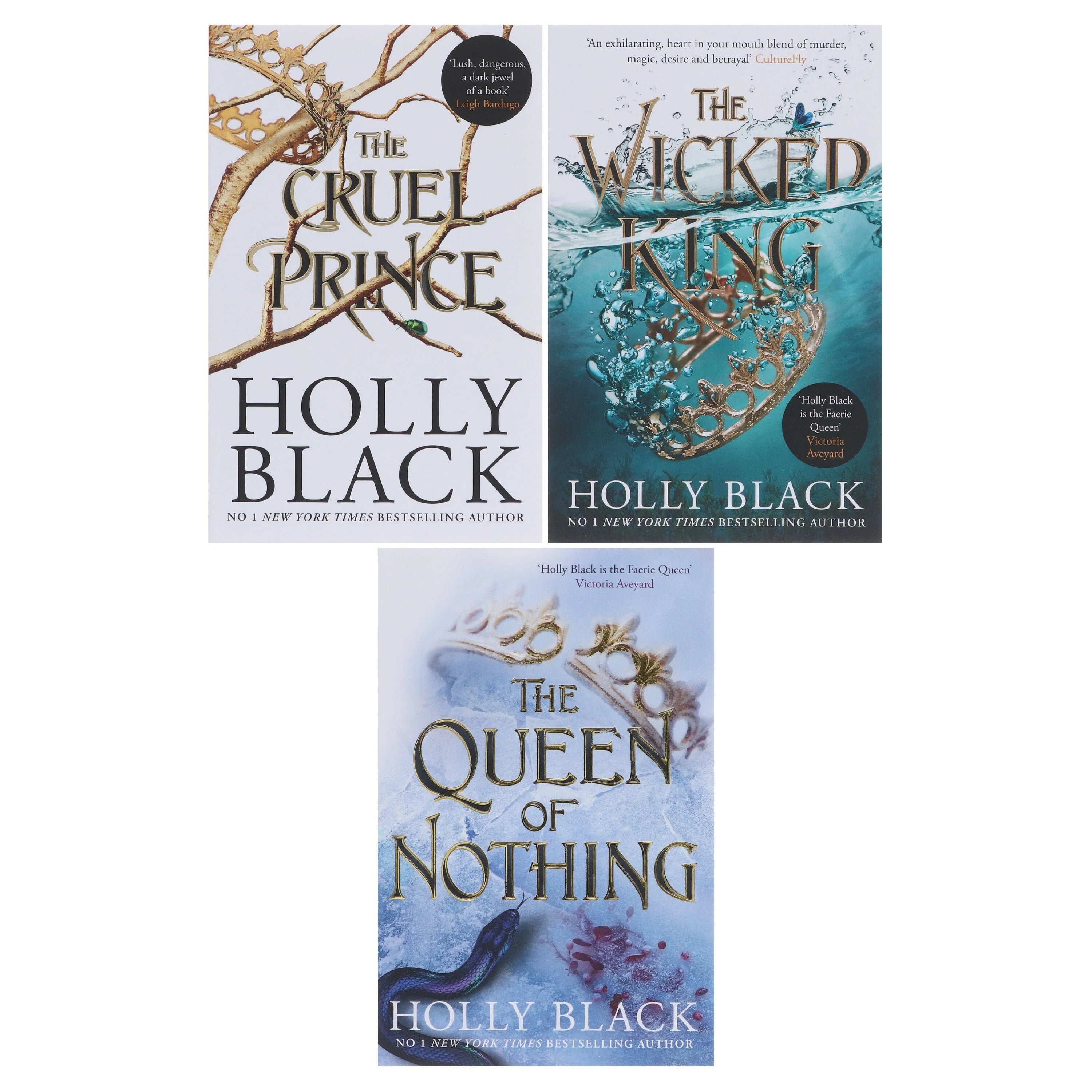 Three paperback books from Holly Black's Folk of the Air series collection, featuring fantasy fiction covers.