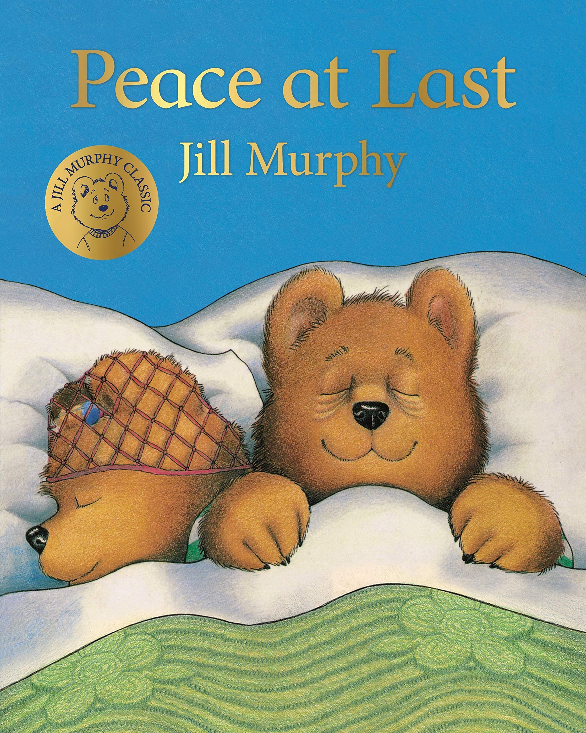 All three Bear Family paperback books by Jill Murphy fanned out, showing Whatever Next!, Peace at Last, and Just One of Those Days covers