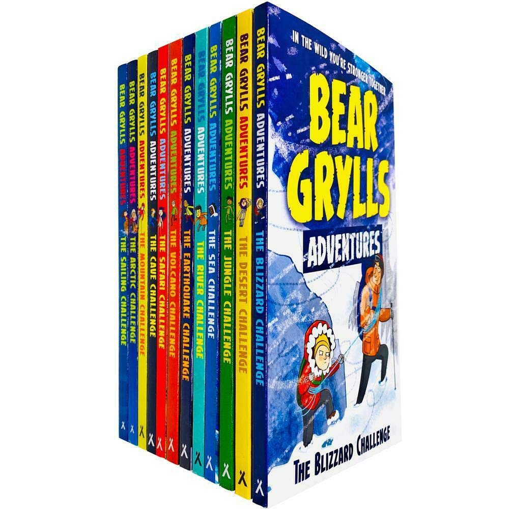 Close-up of four paperback books from the A Bear Grylls Adventure 12-book collection set by Bear Grylls, showing colorful cover artwork.