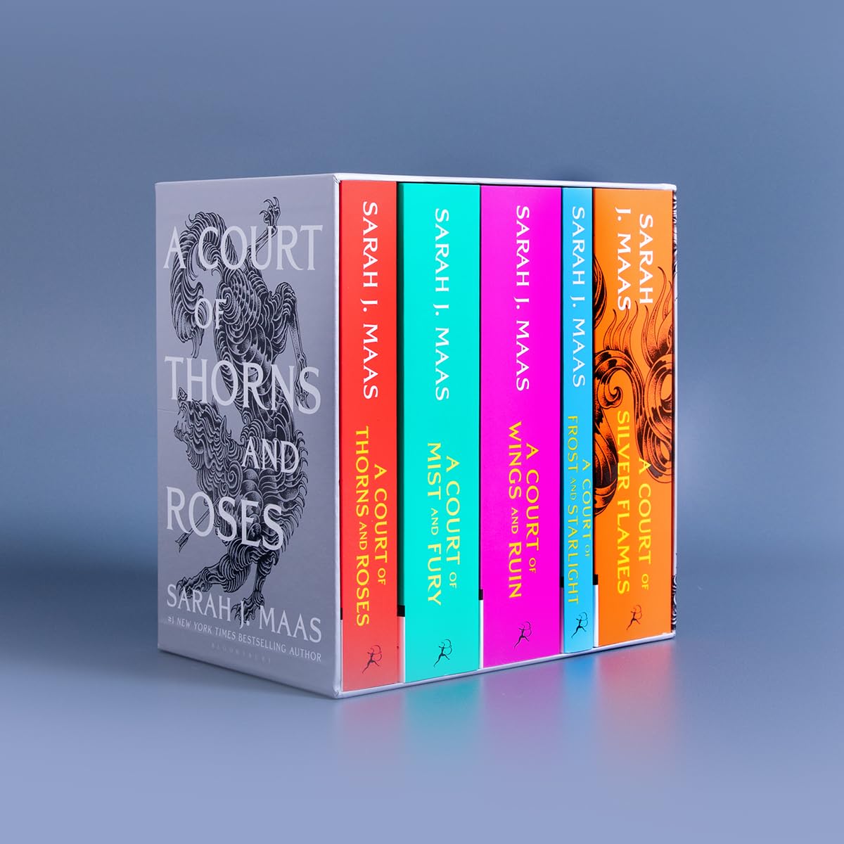 Close-up of the A Court of Thorns and Roses box set packaging showing Sarah J. Maas author name