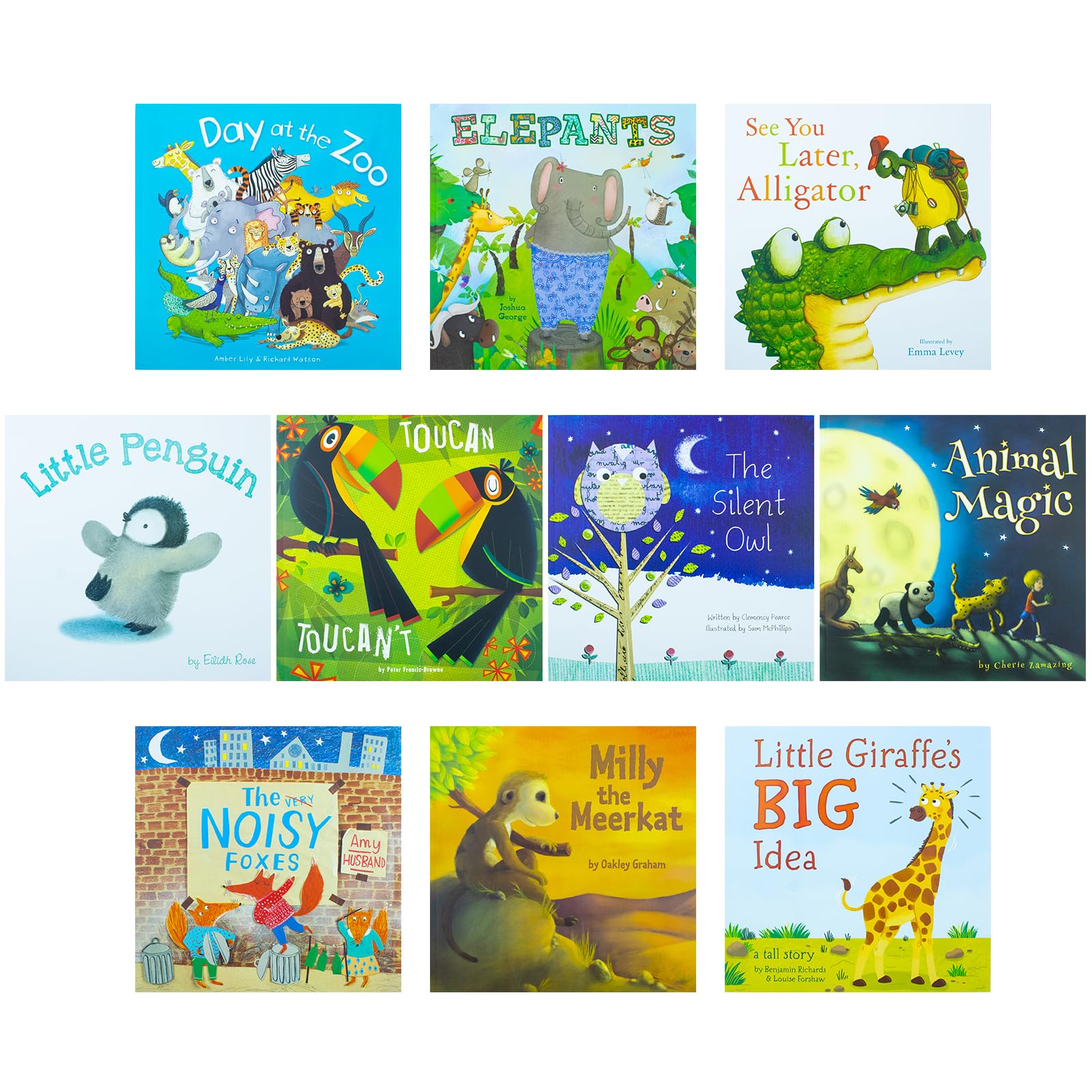 A Day at the Zoo 10 Books Collection Set by Amber Lily and Richard Watson - front cover artwork, paperback, ages 3-5