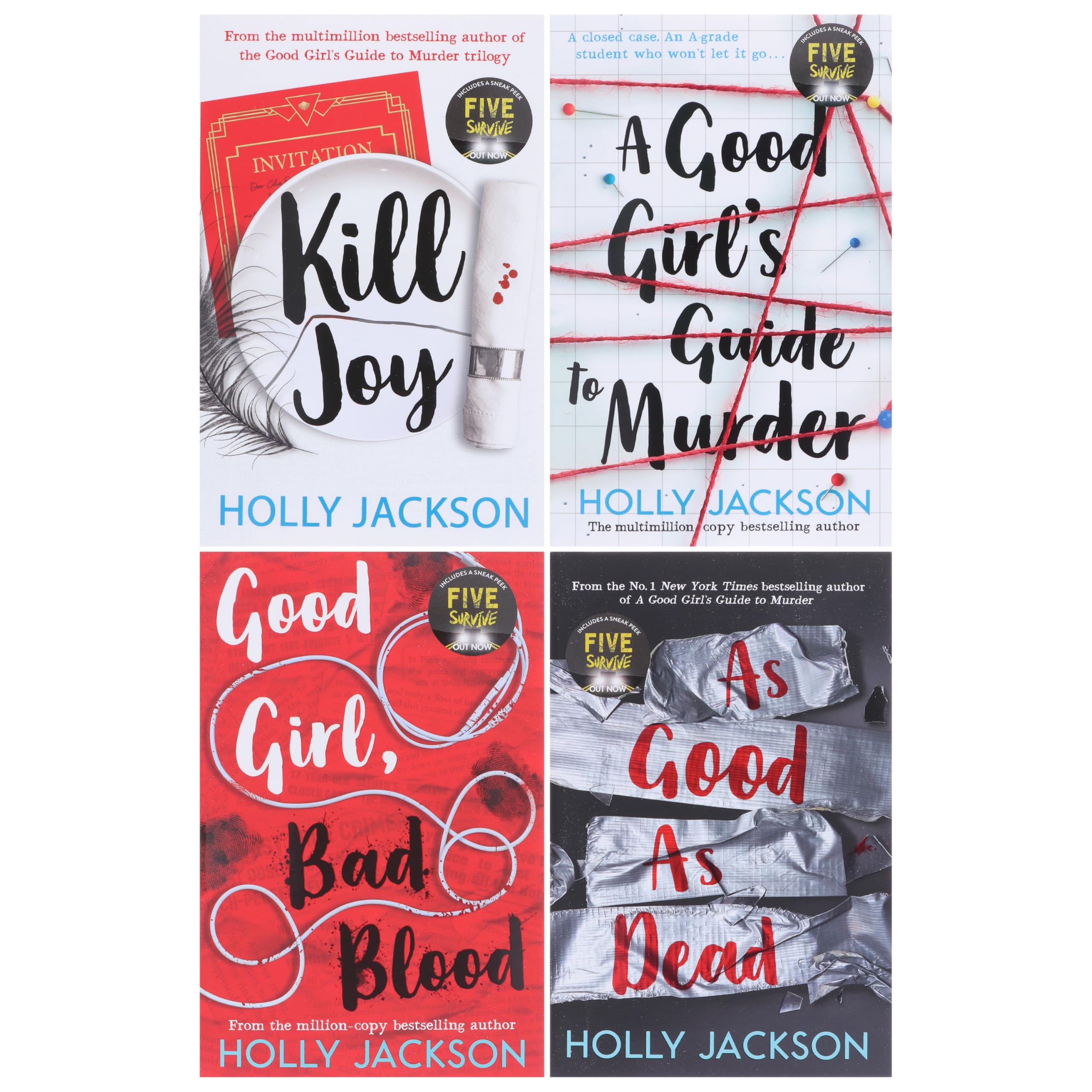 Angled view of all four paperback books in the Holly Jackson mystery collection, highlighting the distinctive cover designs and spines.
