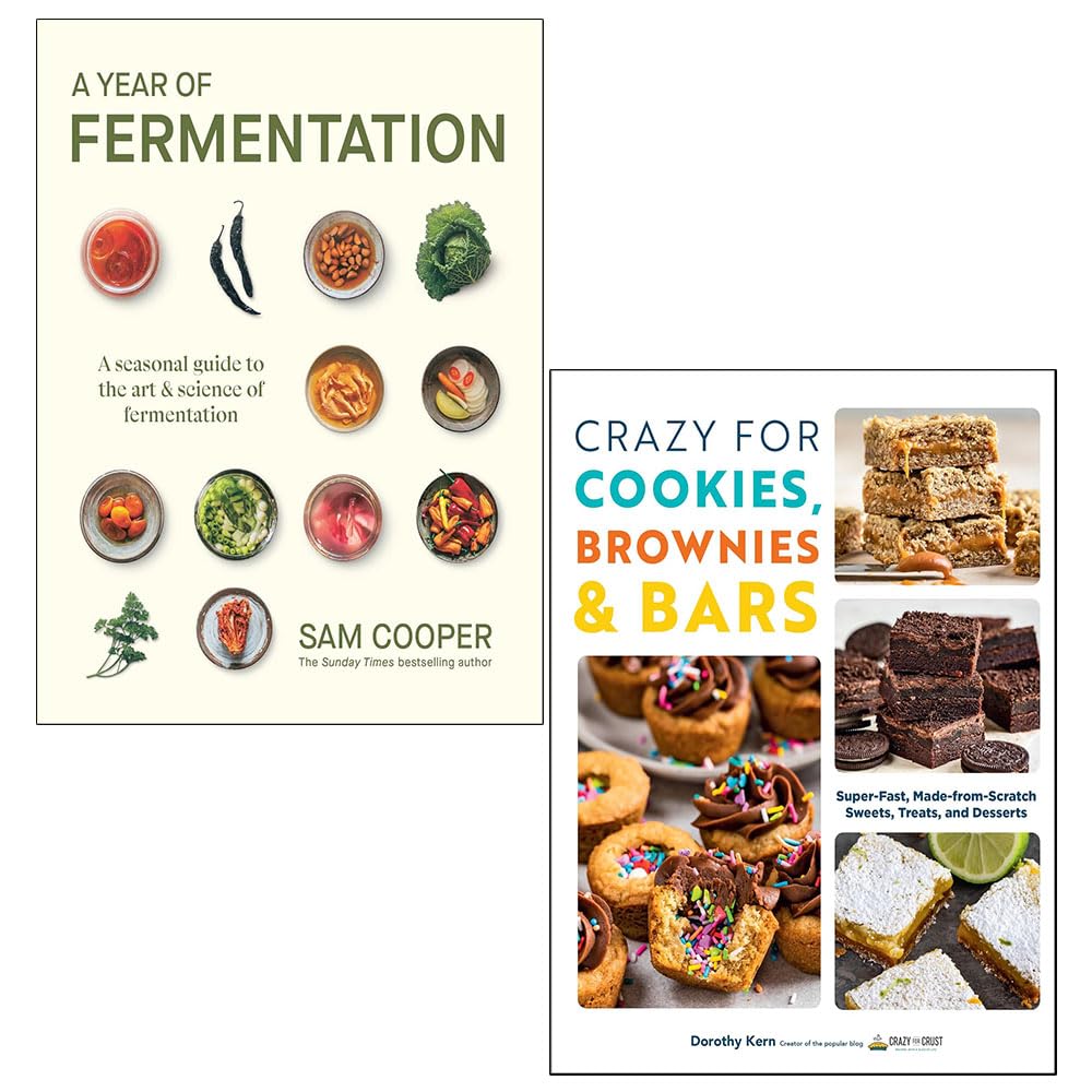 Front covers of A Year of Fermentation by Sam Cooper and Crazy for Cookies, Brownies & Bars by Dorothy Kern, 2 book cookbook set