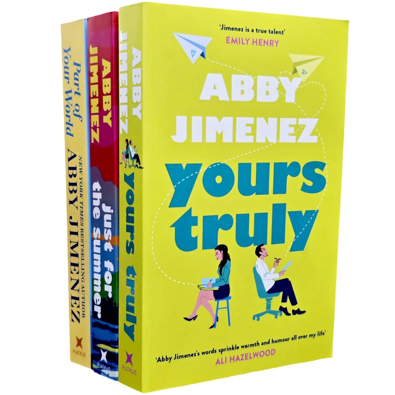 Front cover view of the Abby Jimenez 3 Books Collection Set paperback, featuring Part of Your World, Yours Truly, and Just for the Summer