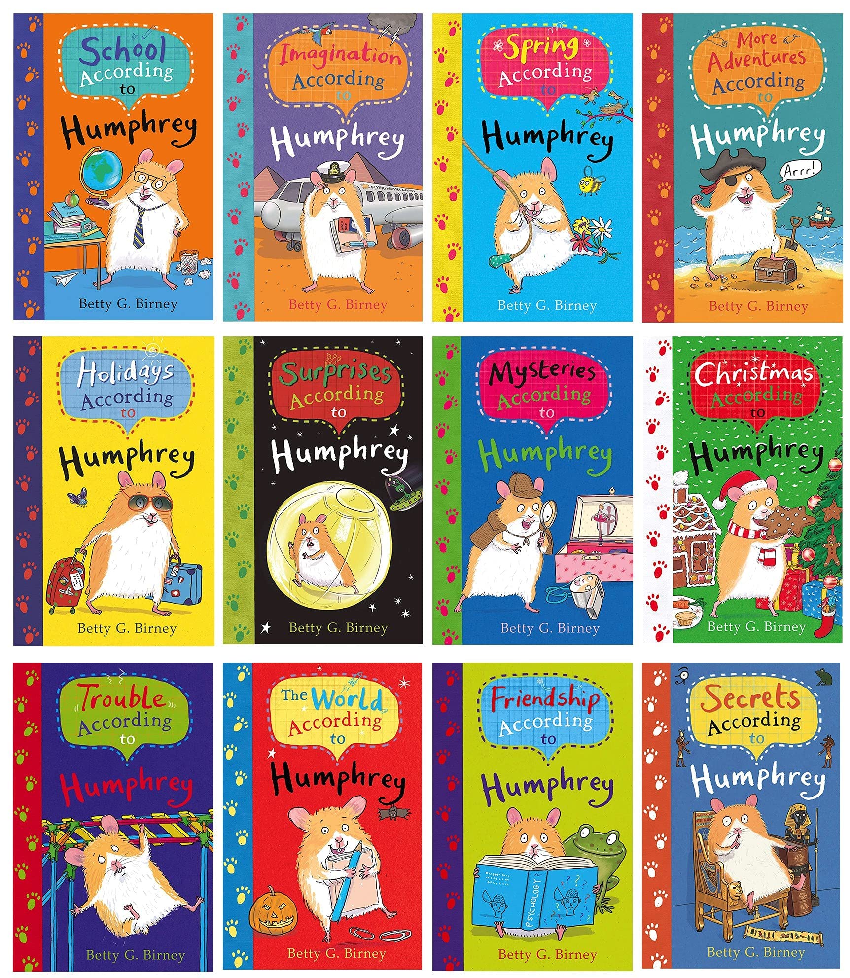 All 12 paperback books in the According to Humphrey series by Betty G. Birney fanned out showing each title's cover