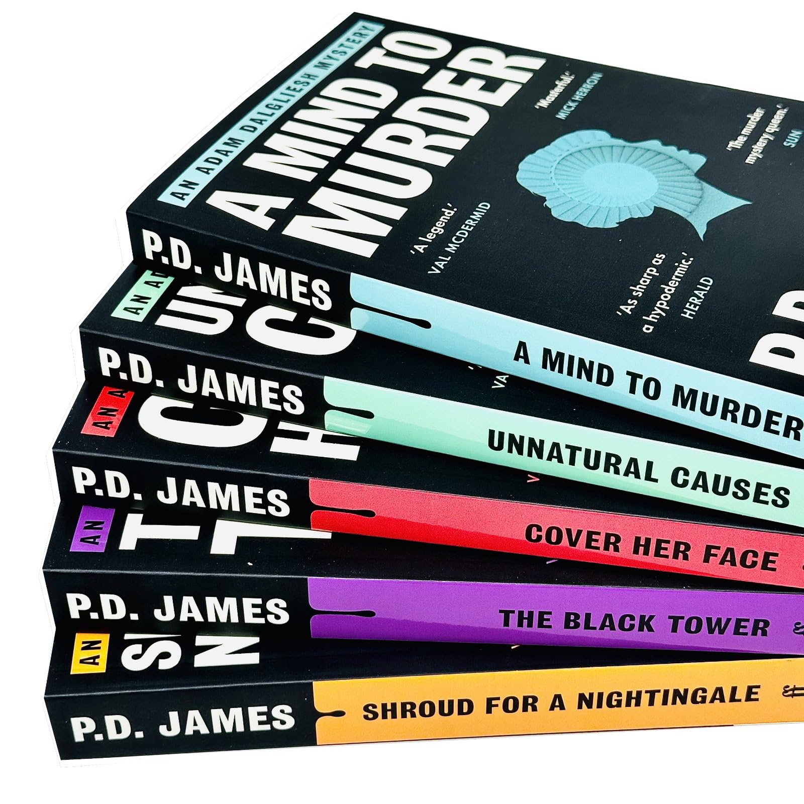 Back cover view of the Adam Dalgliesh Series 5 Books Collection Set by P. D. James, showing synopsis text for the classic British crime mystery paperbacks.