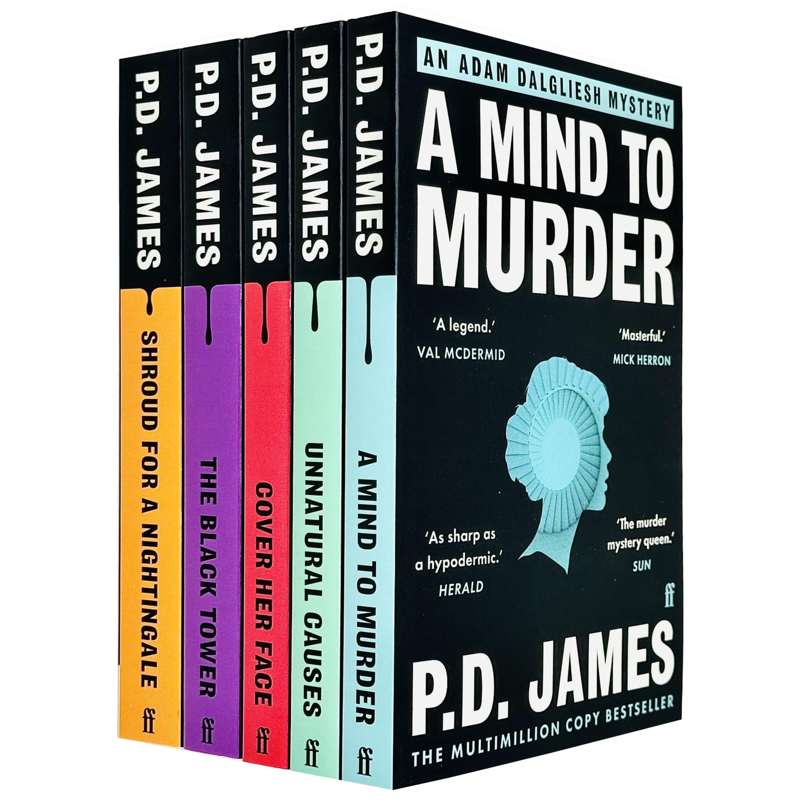 Front cover of the Adam Dalgliesh Series 5 Books Collection Set by P. D. James in paperback, featuring Cover Her Face, A Mind to Murder, Unnatural Causes, Shroud for a Nightingale, and The Black Tower.