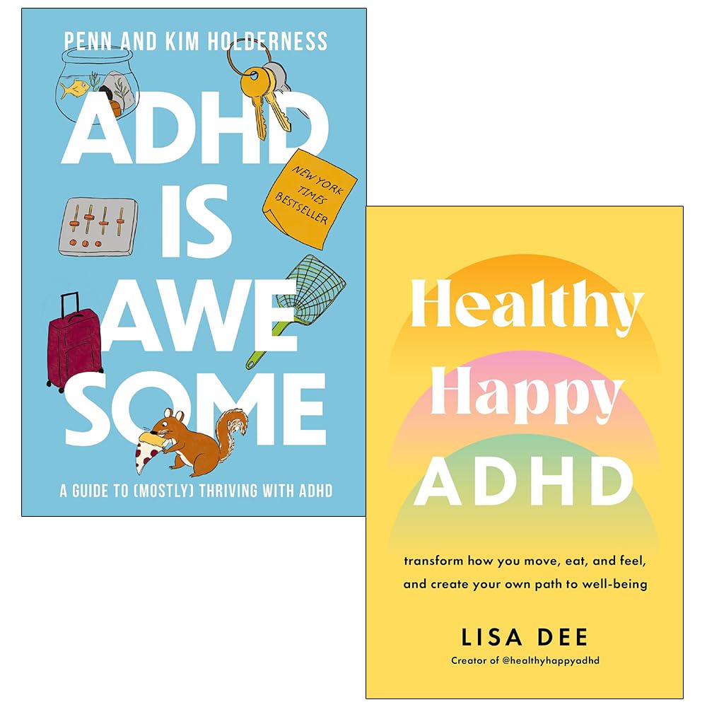 ADHD Is Awesome by Penn and Kim Holderness and Healthy Happy ADHD by Lisa Dee, 2 books collection set front covers, non fiction hardcover and paperback