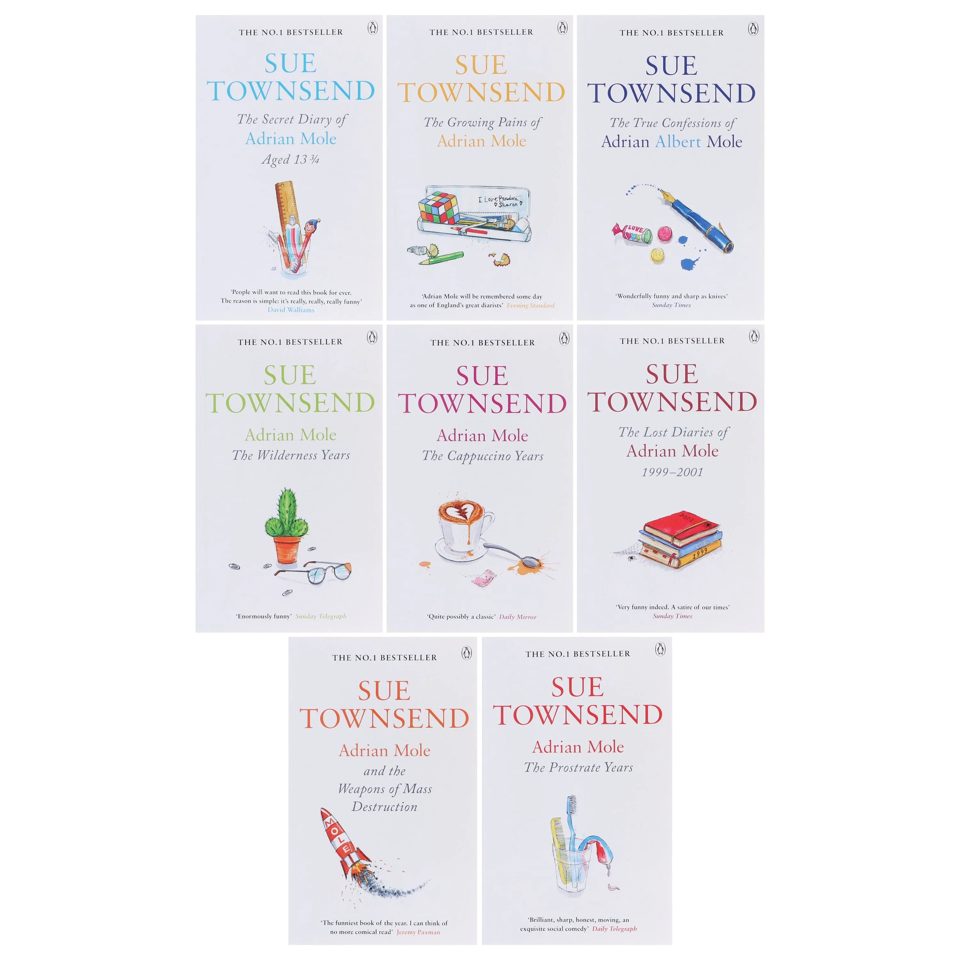 Adrian Mole 8-book paperback set - all eight titles fanned out showing individual book covers