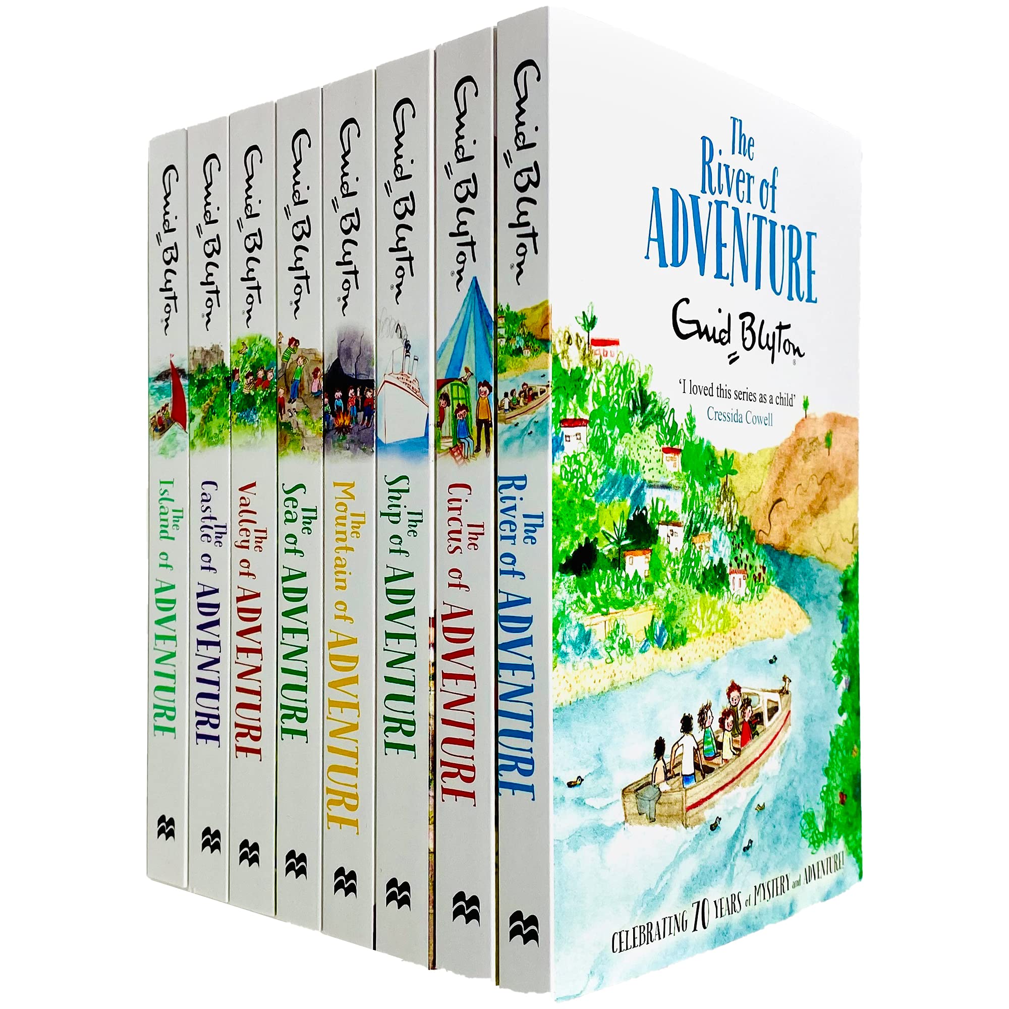 Enid Blyton Adventure Series paperback box set showing all 8 book spines fanned out