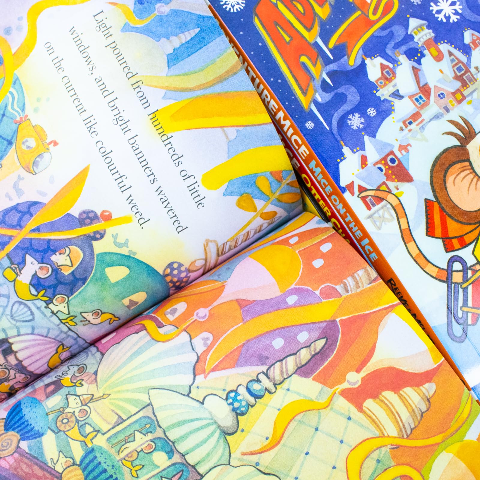 All four Adventuremice paperback titles fanned out showing Mice on the Ice, Otter Chaos, Mermouse Mystery, and Mice on the Moon covers