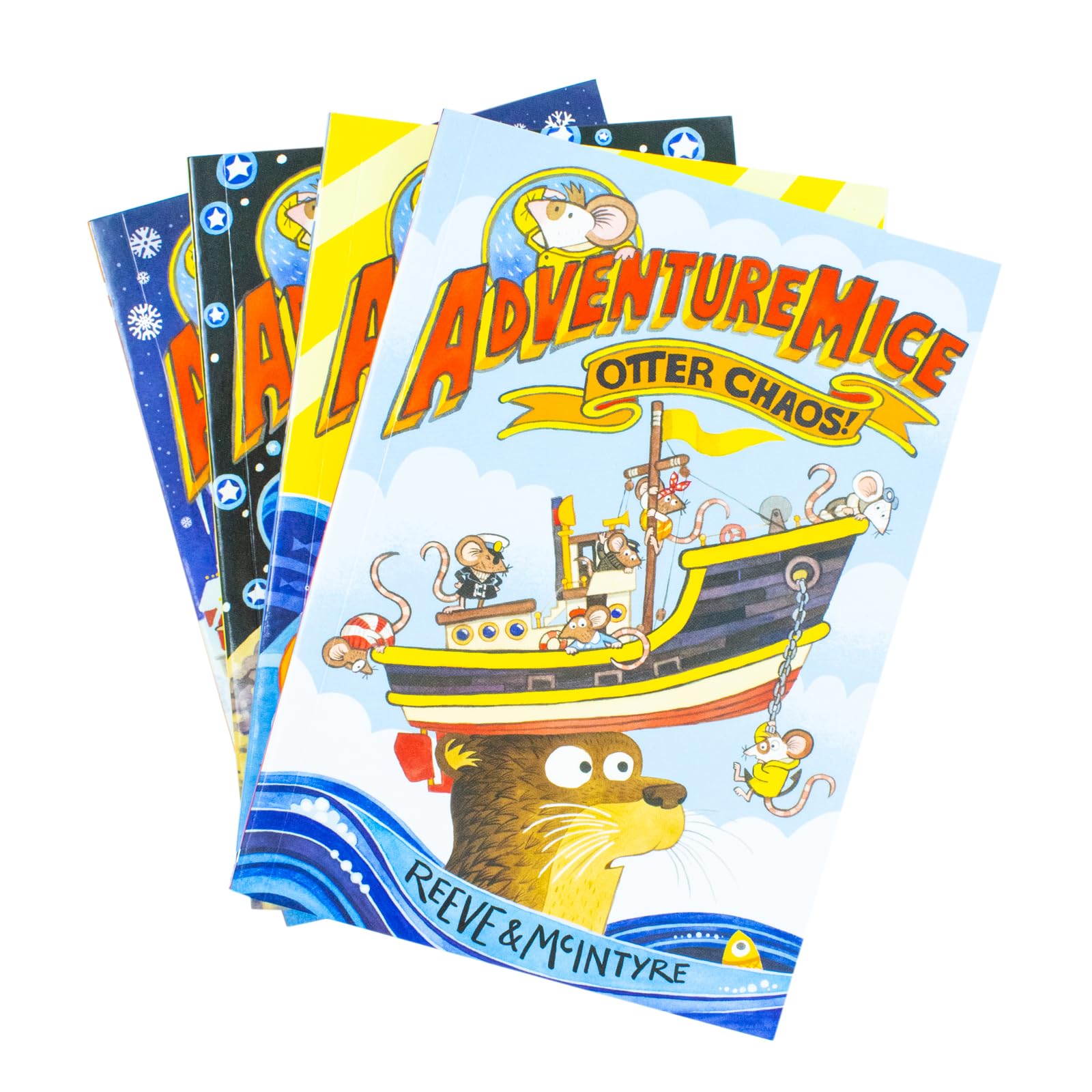Close-up of Adventuremice Mice on the Ice paperback cover art by Sarah McIntyre