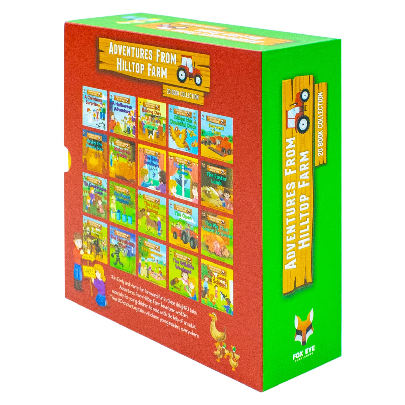 The 20 Adventures From Hilltop Farm paperback books fanned out showing the farmyard cover artwork