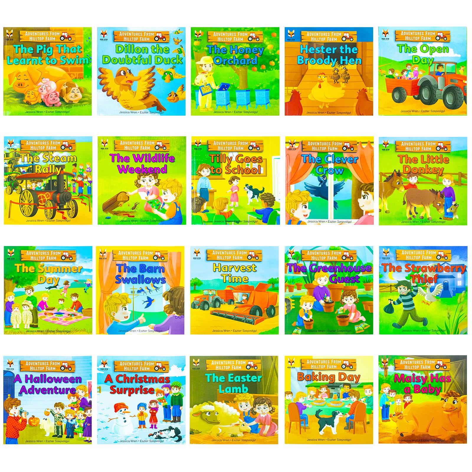 Close-up of several Adventures From Hilltop Farm paperback covers from the 20-book set
