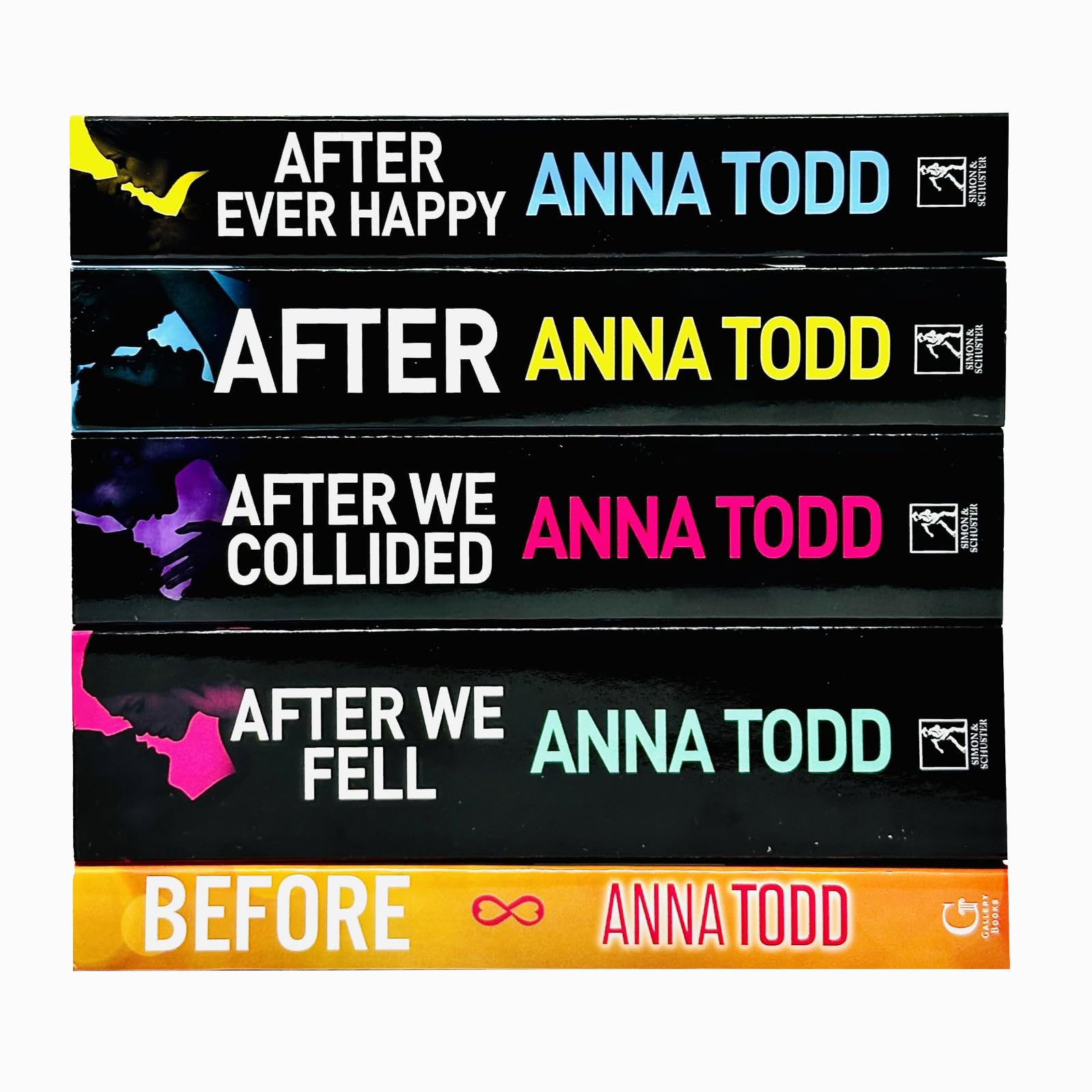 All five After series paperback books by Anna Todd fanned out, showing After, After We Collided, After We Fell, After Ever Happy, and Before