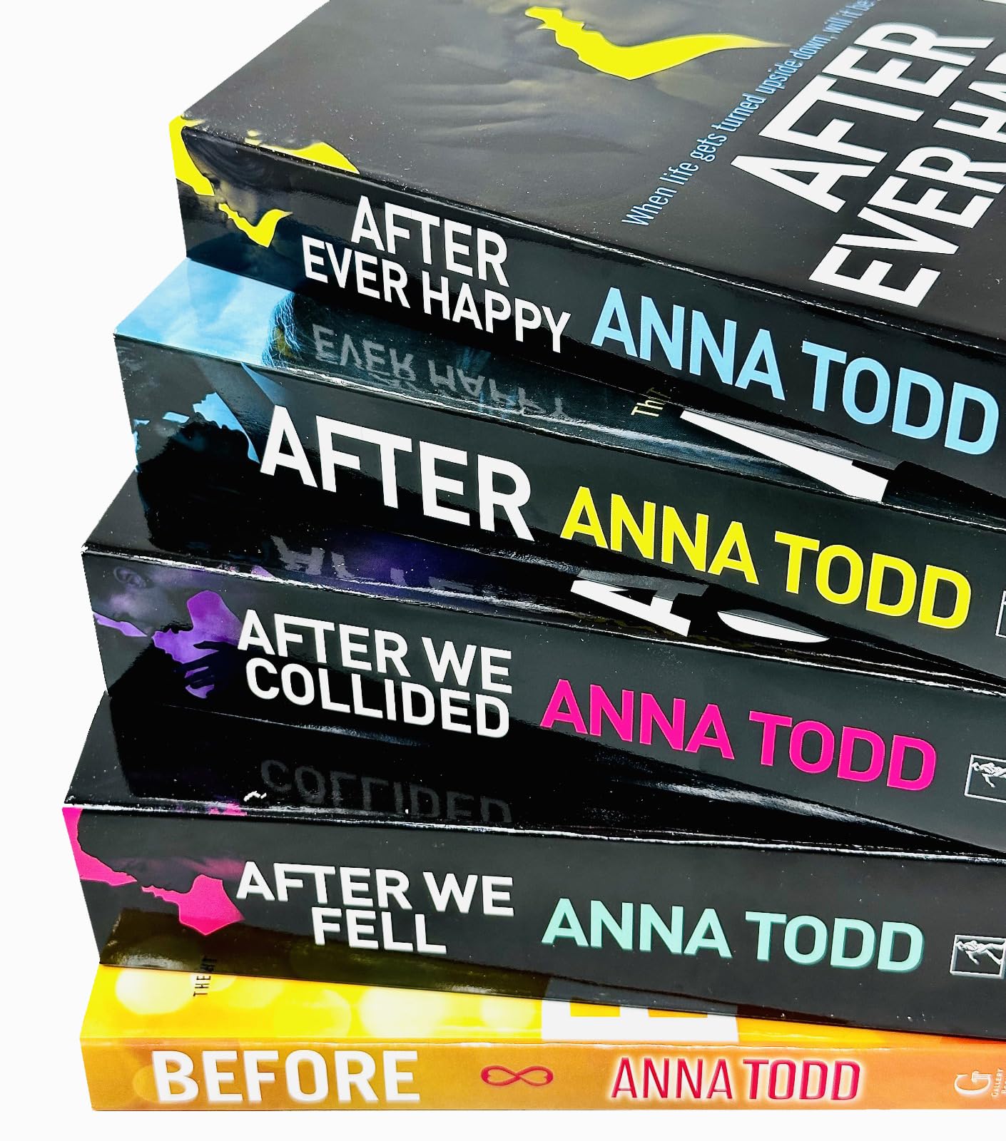 Close-up of the After series paperback box set spines and cover art by Anna Todd, Simon & Schuster edition