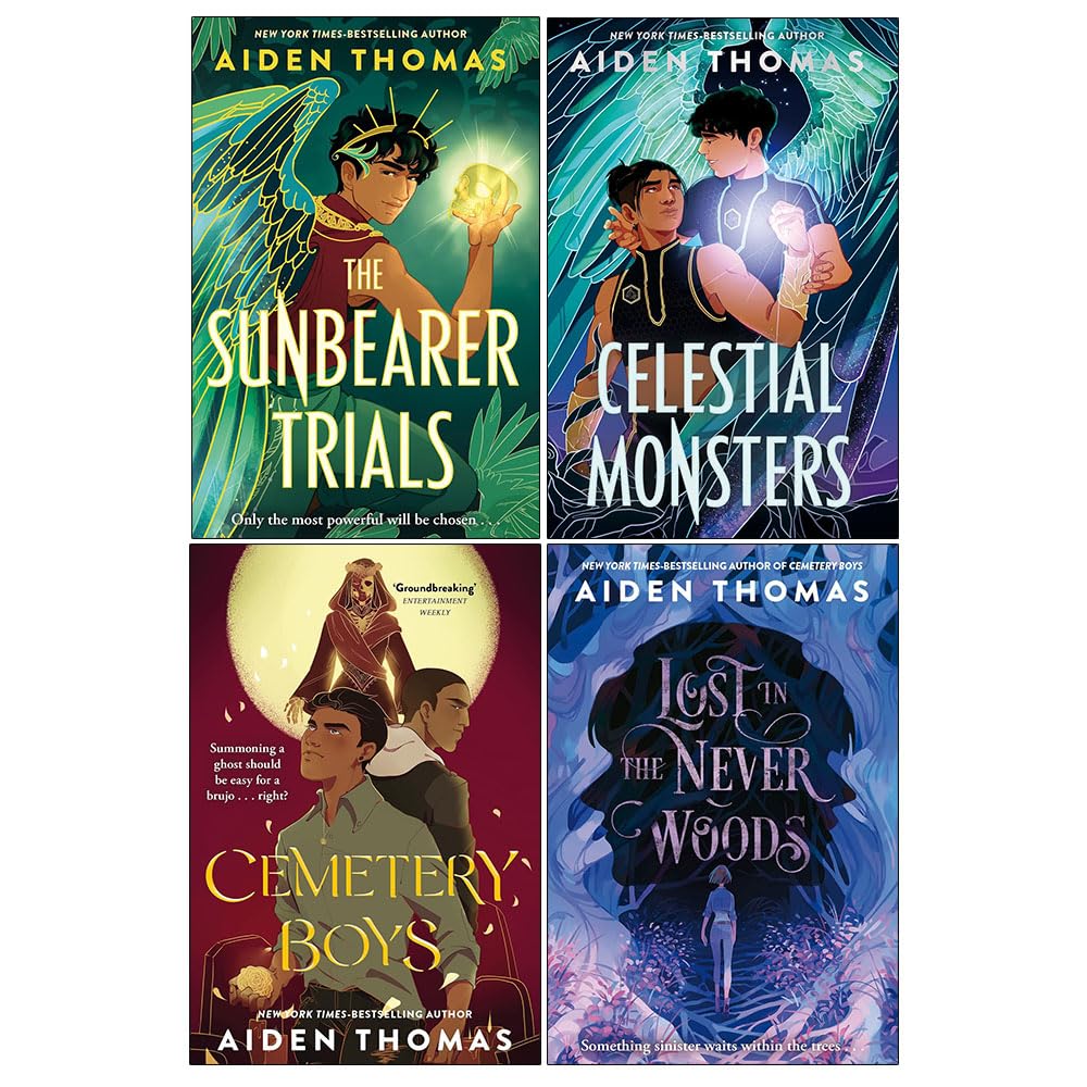 Aiden Thomas 4 Books Collection Set paperback front cover featuring Cemetery Boys, The Sunbearer Trials, Celestial Monsters, and Lost in the Never Woods