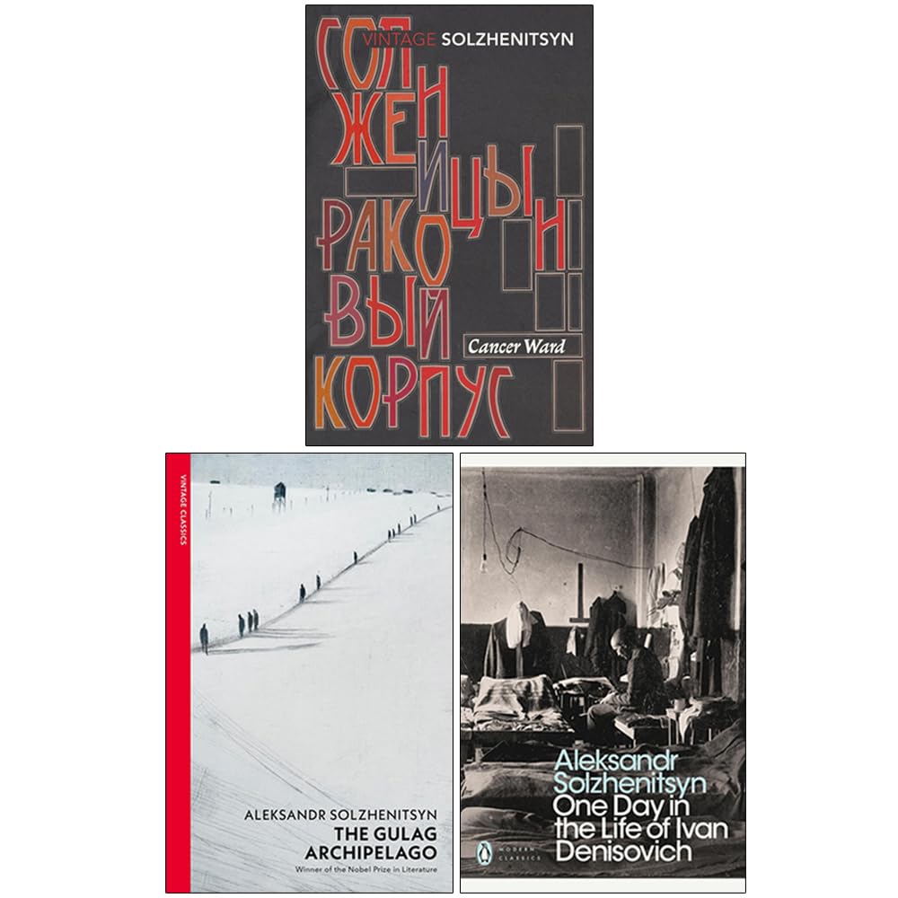 Front cover of the Aleksandr Solzhenitsyn 3 Books Collection Set featuring Cancer Ward, The Gulag Archipelago, and One Day in the Life of Ivan Denisovich in paperback.
