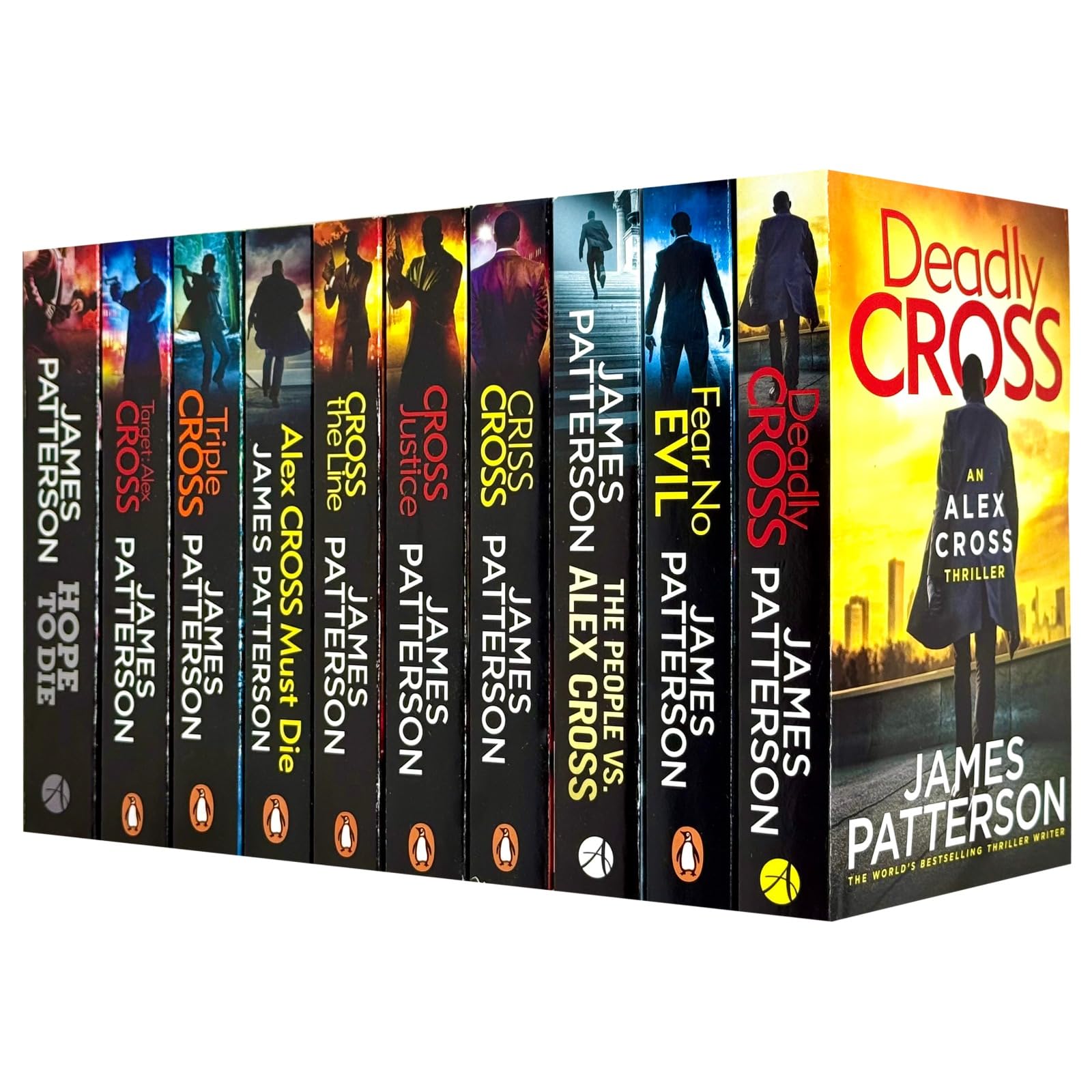 Front cover view of the Alex Cross Series by James Patterson 10 book paperback collection set, books 22-31, showing the box packaging.