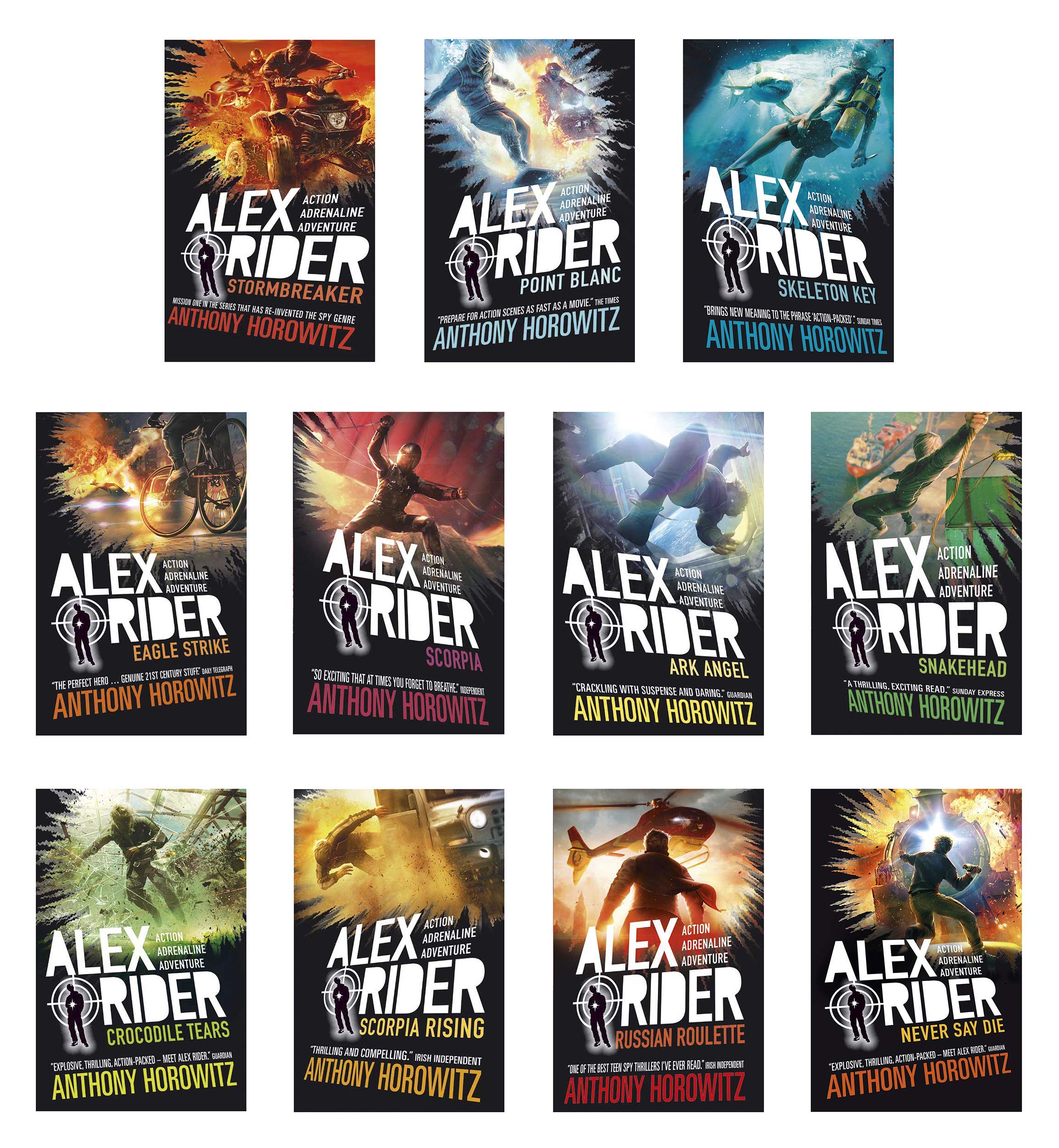 Alex Rider 11-book paperback set - close-up of Stormbreaker, Point Blanc, and Skeleton Key spines