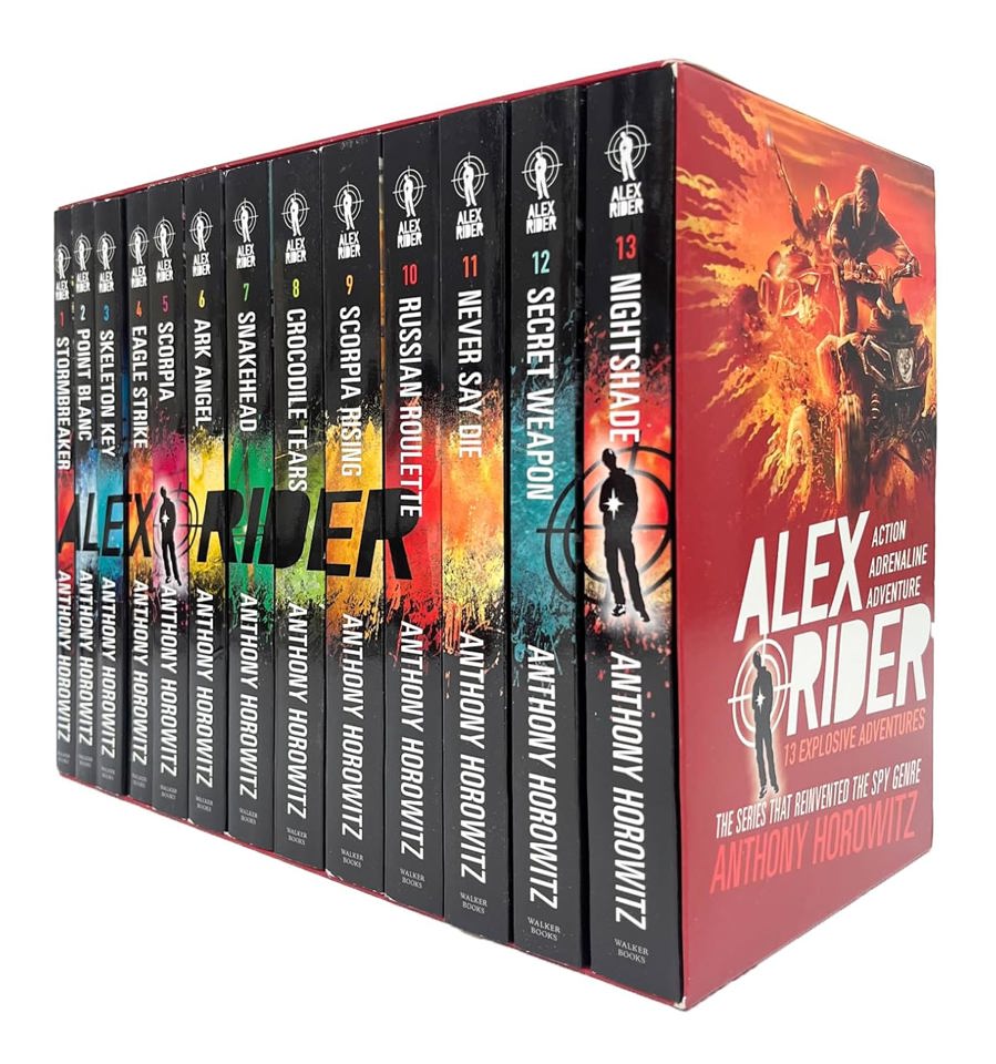 Angled view of all 13 Alex Rider paperback books stacked together showing spine titles