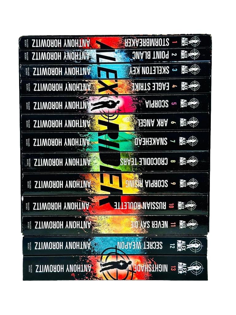 Close-up of front covers including Eagle Strike, Scorpia, and Ark Angel