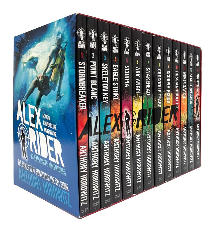 Front cover view of the full 13-book collection fanned out, showing colorful spine and cover art