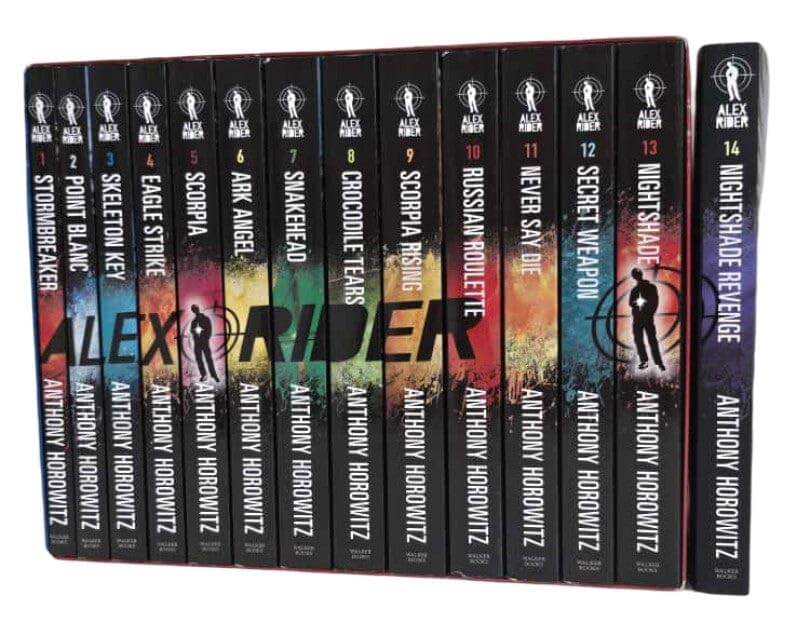 Alex Rider 14 book paperback set by Anthony Horowitz fanned out showing individual titles including Stormbreaker, Point Blanc, and Scorpia