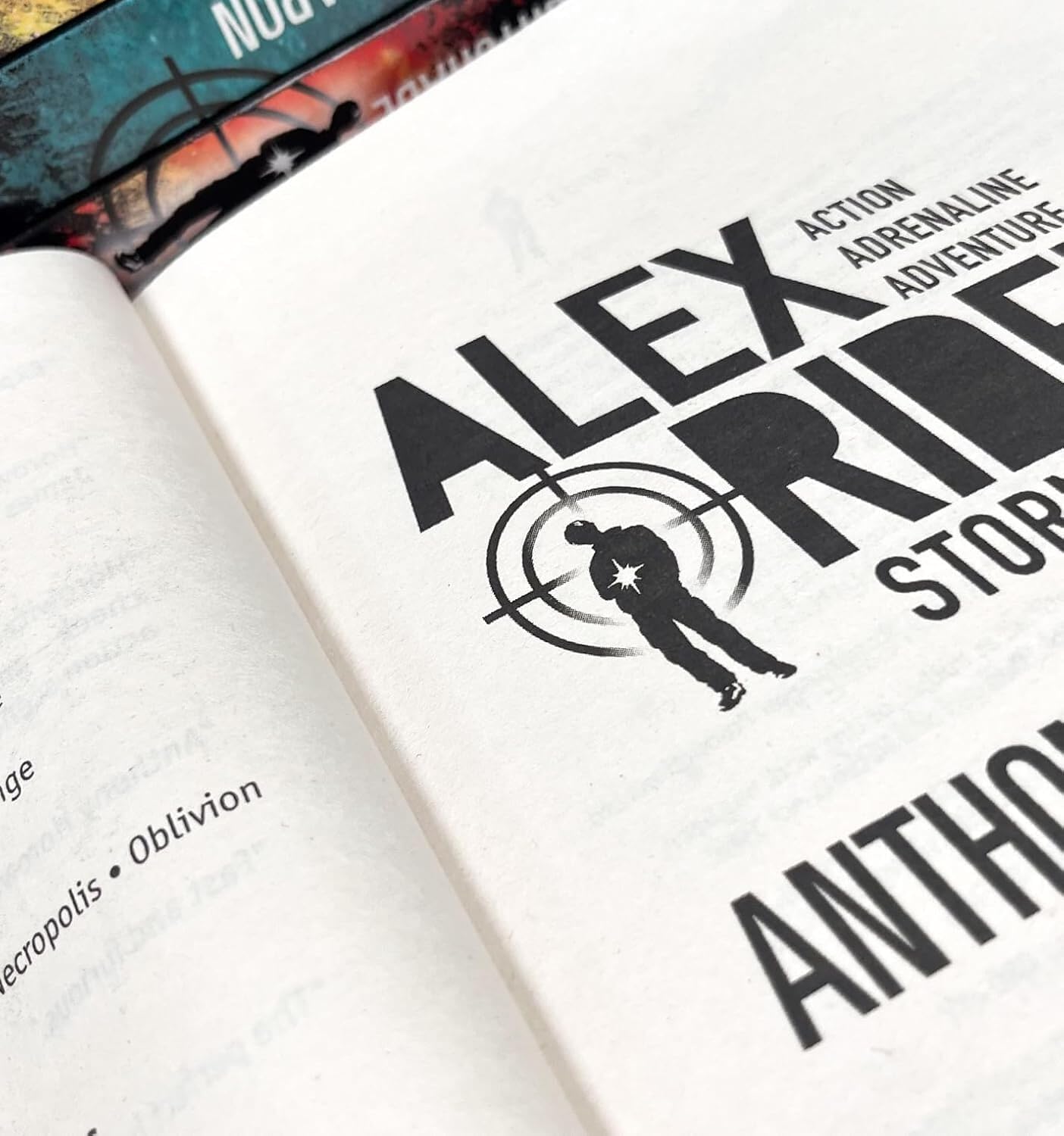 Full stacked view of all 14 Alex Rider paperback books by Anthony Horowitz displaying colorful matching cover designs for young adult readers