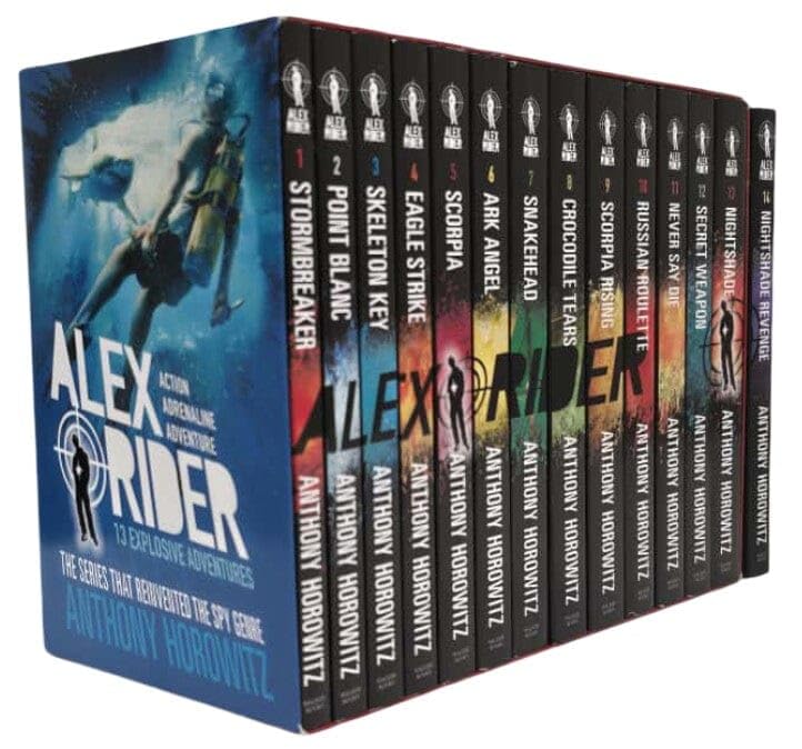 Front cover view of the Alex Rider Complete Missions 14 book paperback collection set by Anthony Horowitz, young adult spy adventure series