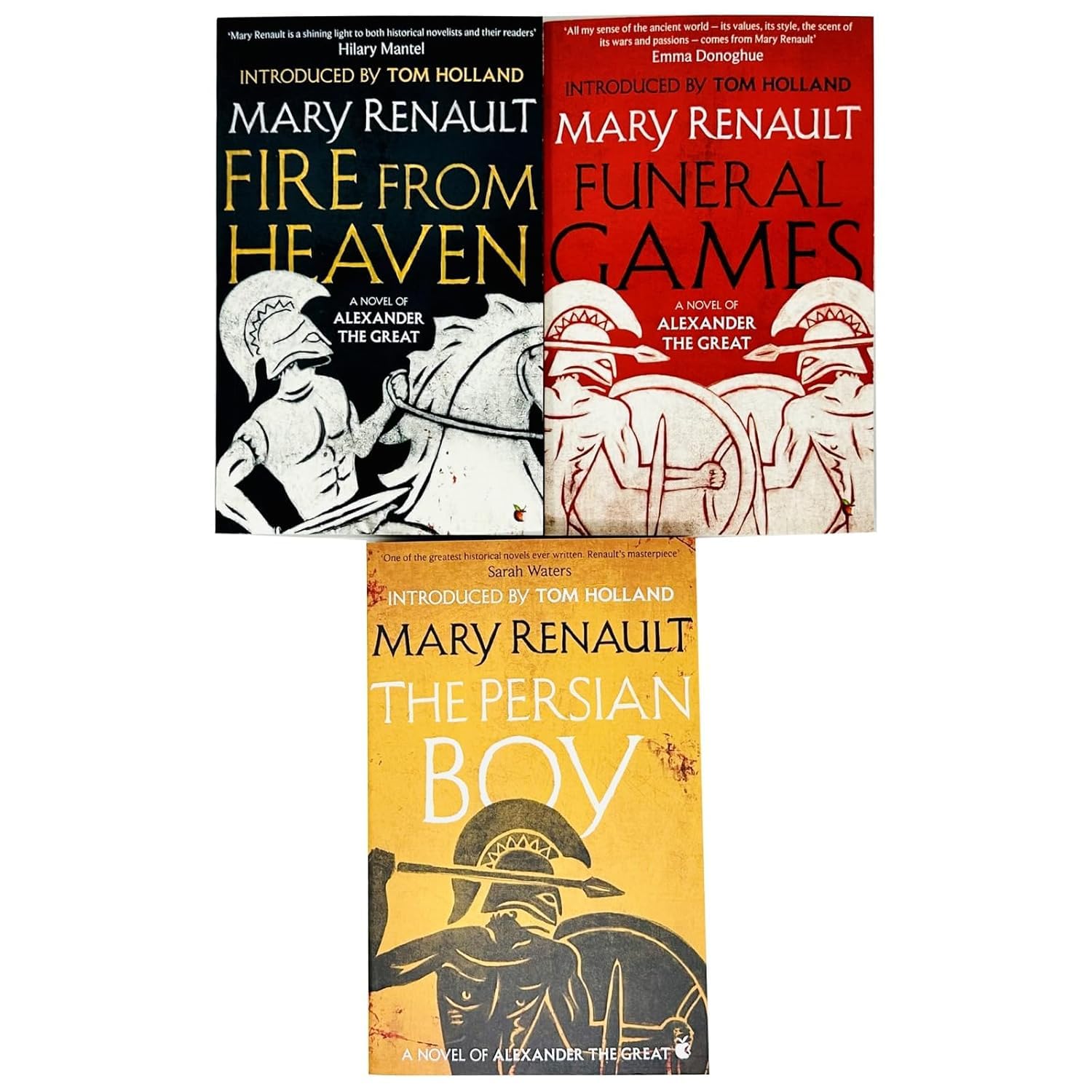 Full Alexander Trilogy 3-book set by Mary Renault fanned out, showing Fire from Heaven, Funeral Games, and The Persian Boy.