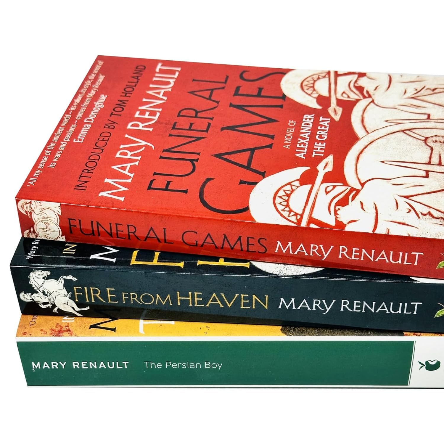 Close-up of the spines of the Alexander Trilogy paperback set by Mary Renault.
