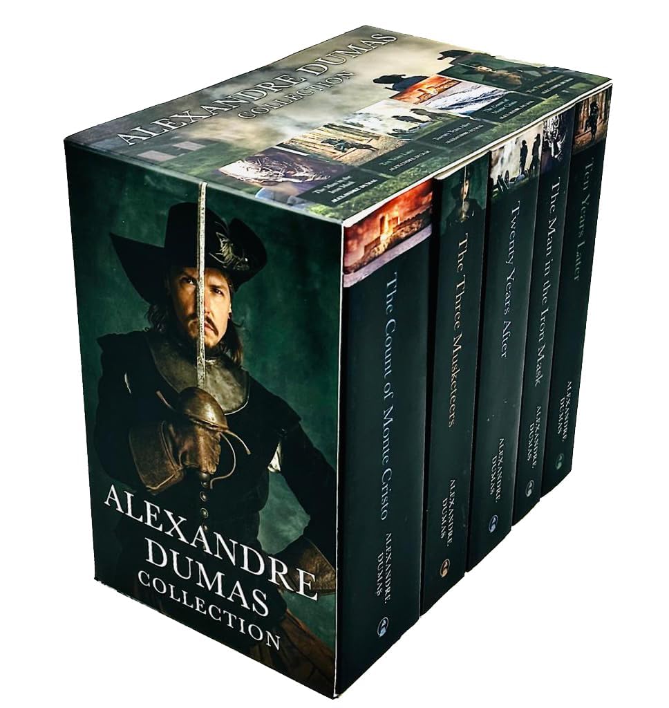 All five Alexandre Dumas paperback novels fanned out showing Ten Years Later, The Man in the Iron Mask, Twenty Years After, The Three Musketeers, and The Count of Monte Cristo covers