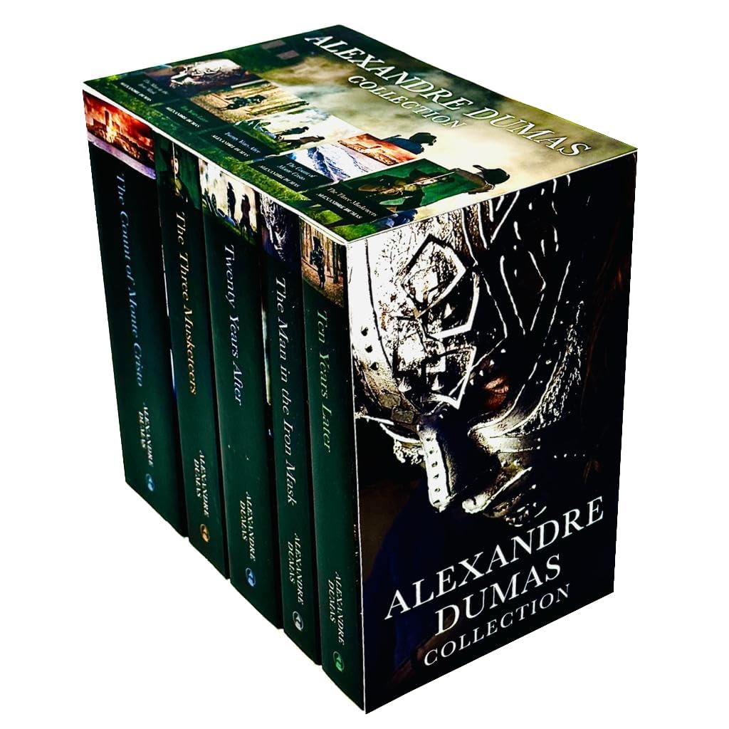 Close-up of The Three Musketeers and The Count of Monte Cristo paperback covers from the Alexandre Dumas 5 book collection