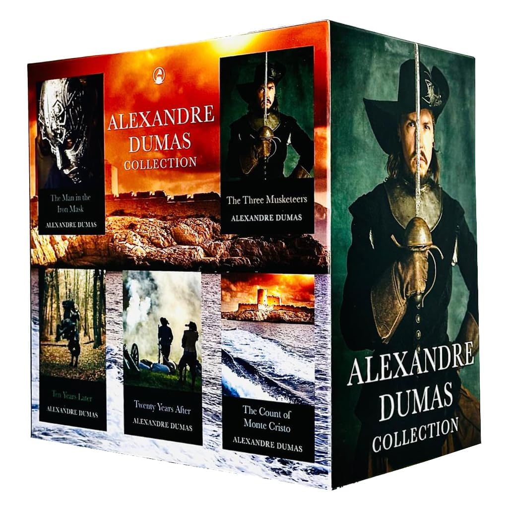 Back cover synopsis view of the Alexandre Dumas 5 Books Collection Set paperback classic fiction novels