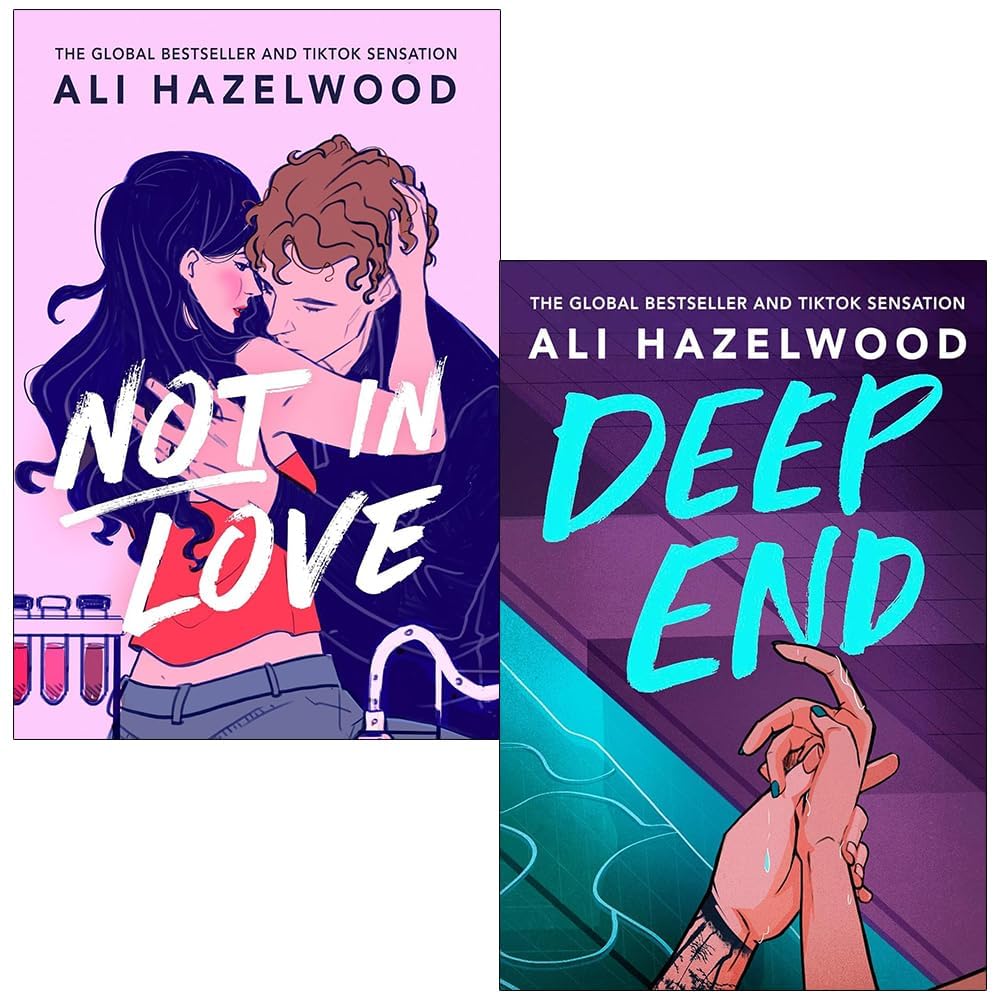 Front covers of Ali Hazelwood's Not in Love and Deep End paperback books shown together