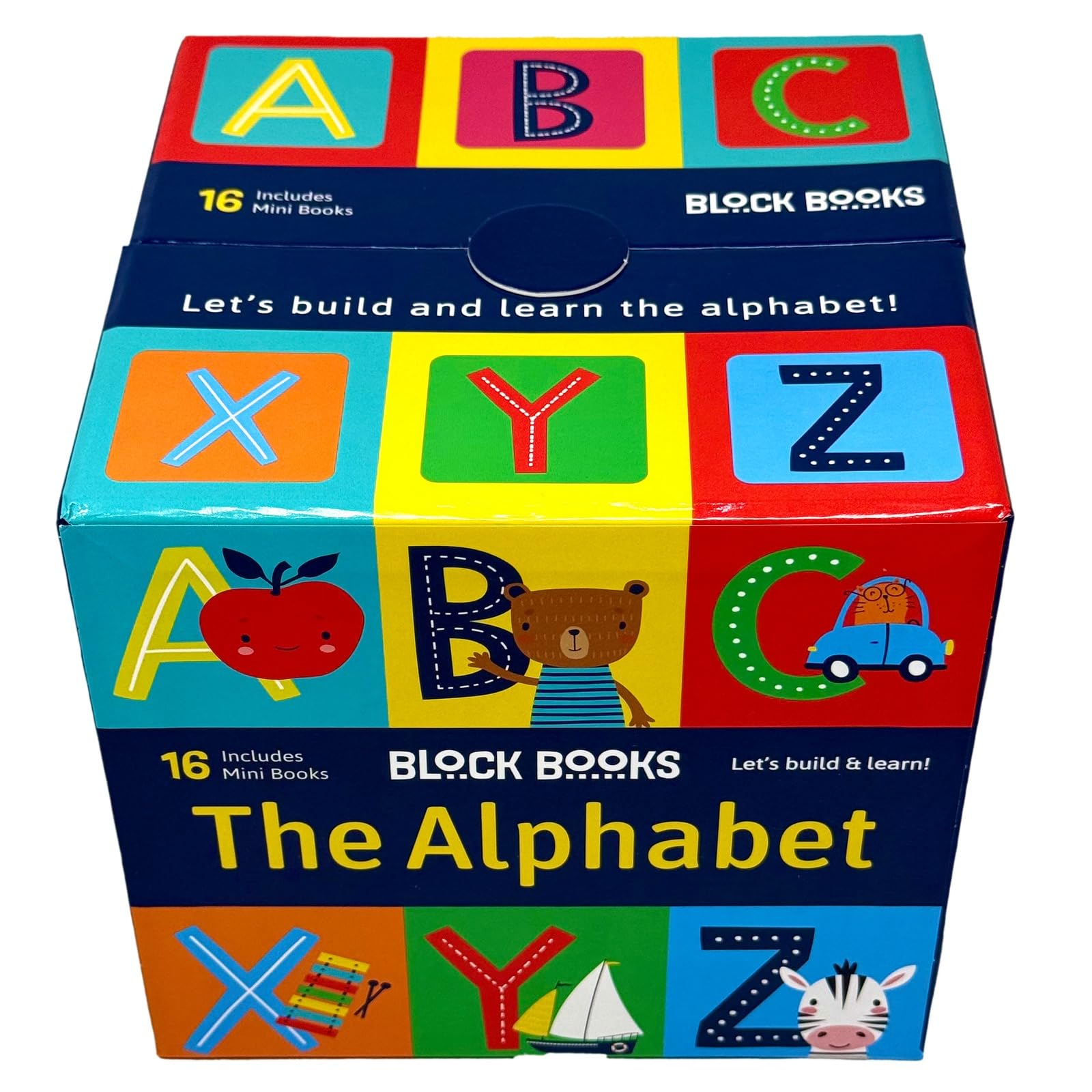 All 16 mini alphabet board books from the Lake Press collection fanned out to show the full ABC learning set