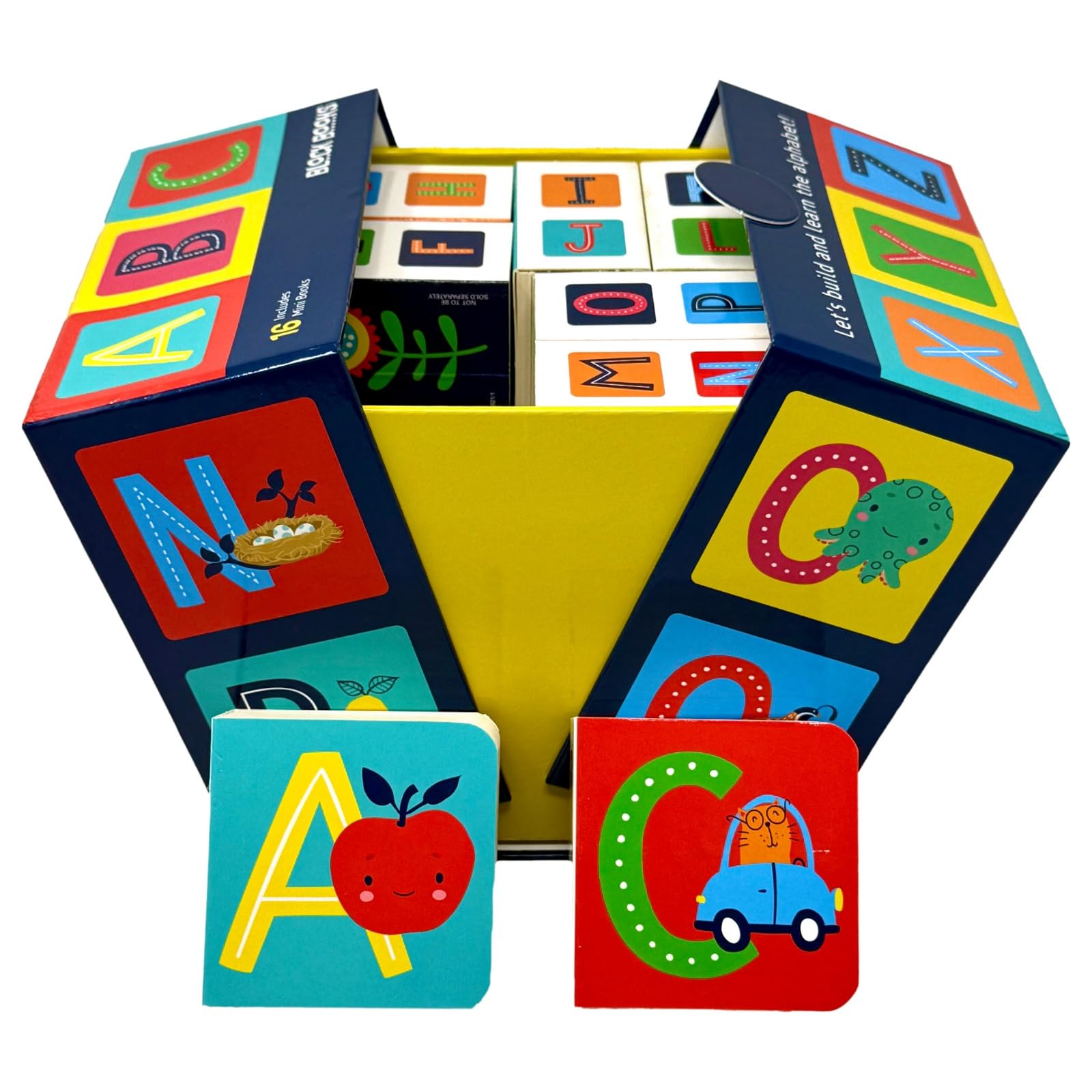 Close-up of an open alphabet mini board book page showing colorful letter illustrations for toddlers