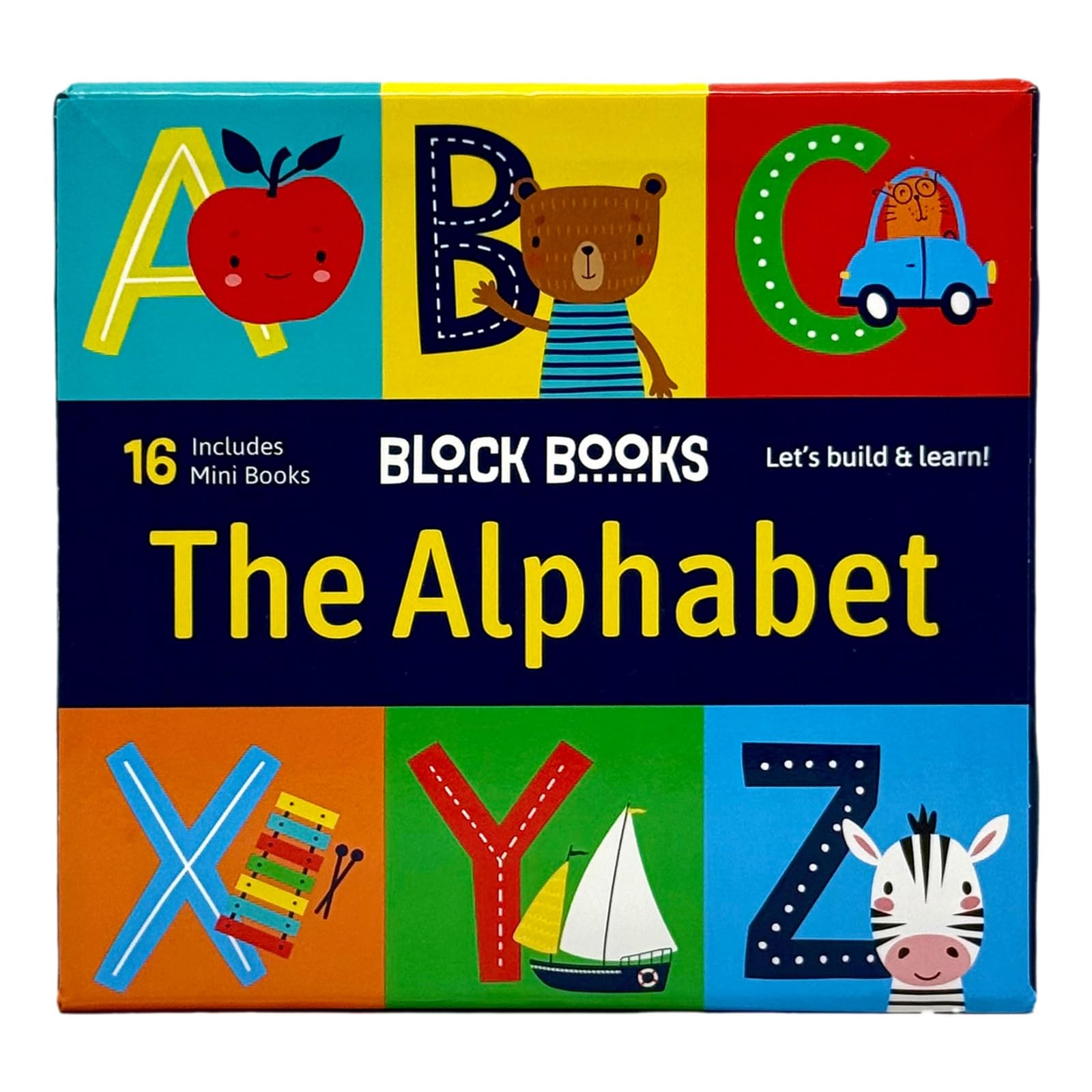 Stack of chunky alphabet mini board books from the Lake Press 16-book set arranged to show board book thickness