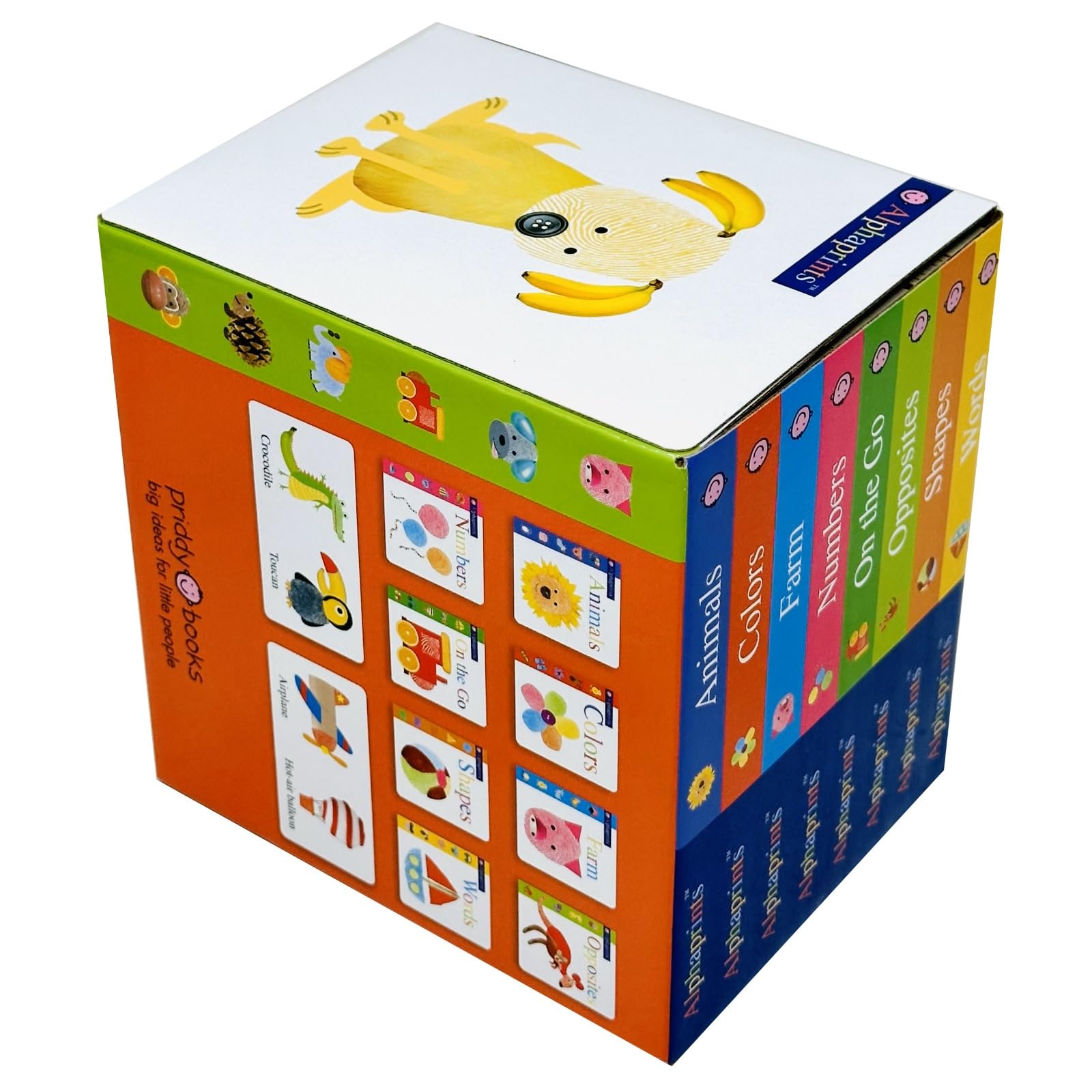 Back of the Alphaprints Library box set showing all 8 titles: Animals, Colors, Farm, Numbers, On the Go, Opposites, Shapes, Words