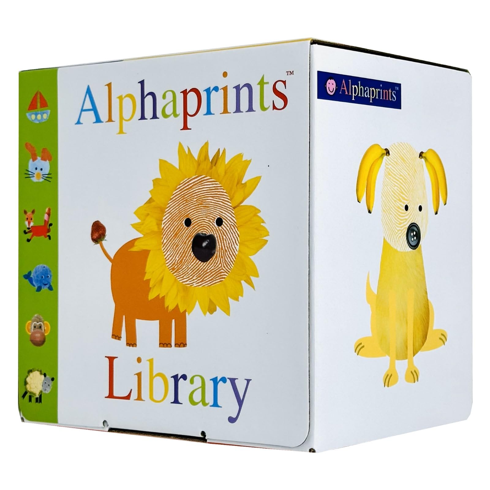 All 8 Alphaprints board books fanned out showing fingerprint-art illustrations and chunky pages