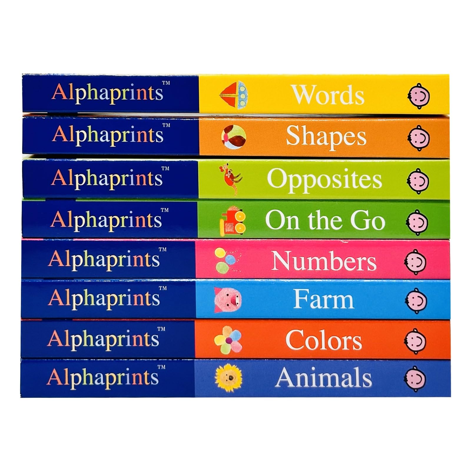 Inside page spread from an Alphaprints board book showing bold fingerprint-art animal illustration and simple word label