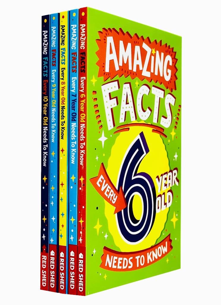 Front covers of the Amazing Facts Every Kid Needs to Know 5-book paperback set for ages 6-10 by Catherine Brereton and Clive Gifford