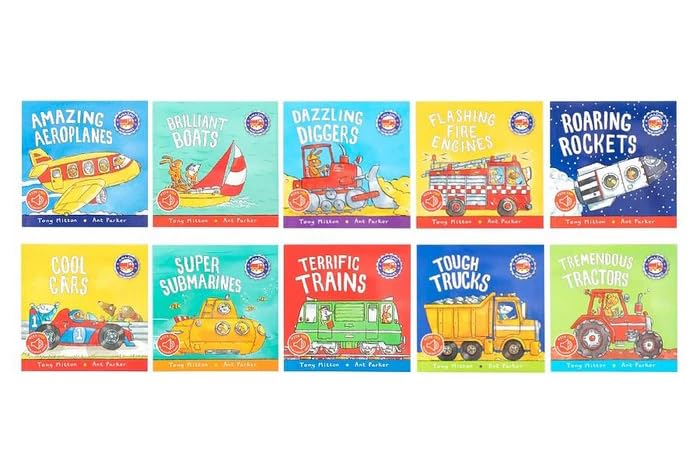 Amazing Machines paperback picture books - inside page spread showing rhyming text and Ant Parker's colorful vehicle illustrations