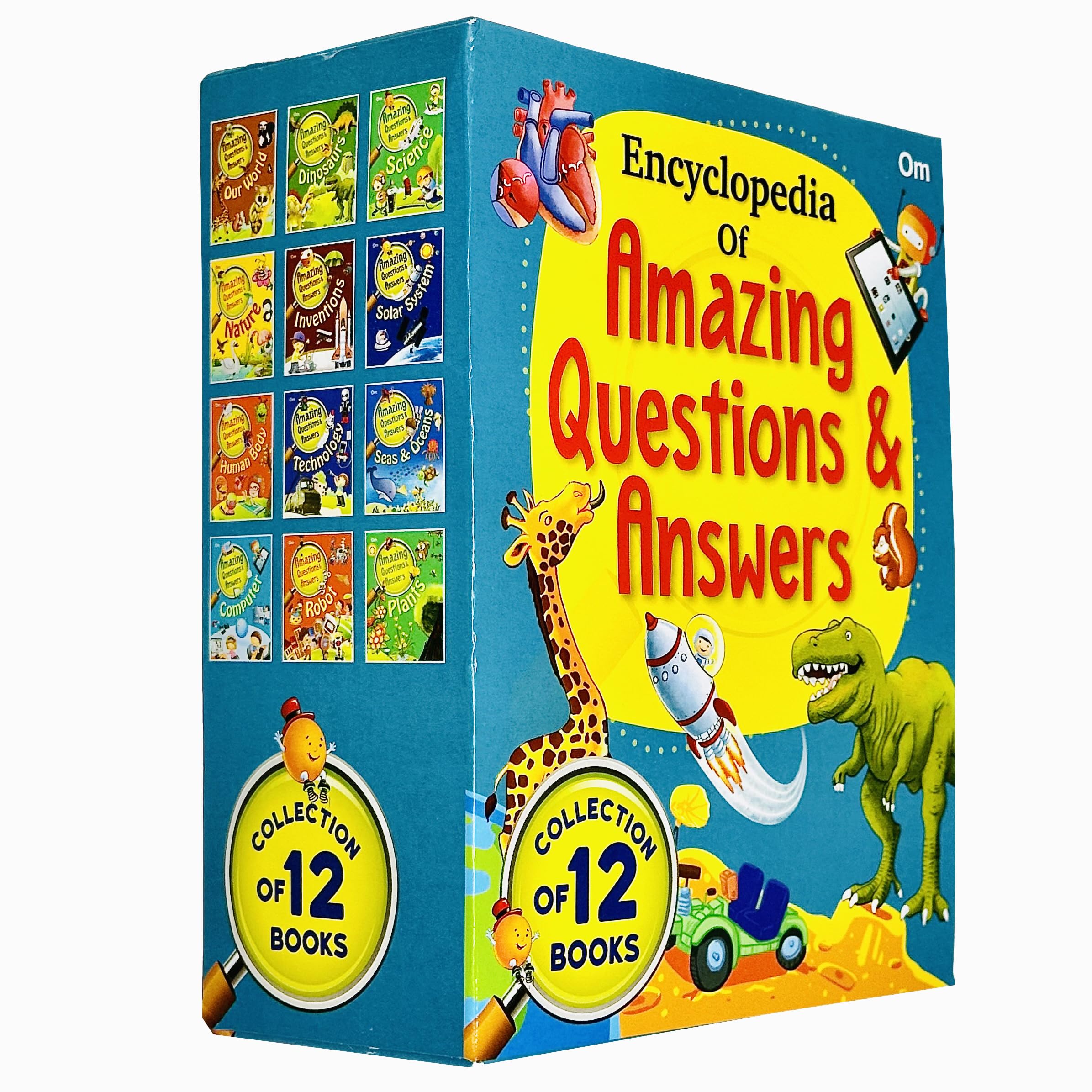Full set of 12 Amazing Questions & Answers paperback books fanned out showing Inventions, Solar System, and Dinosaurs titles