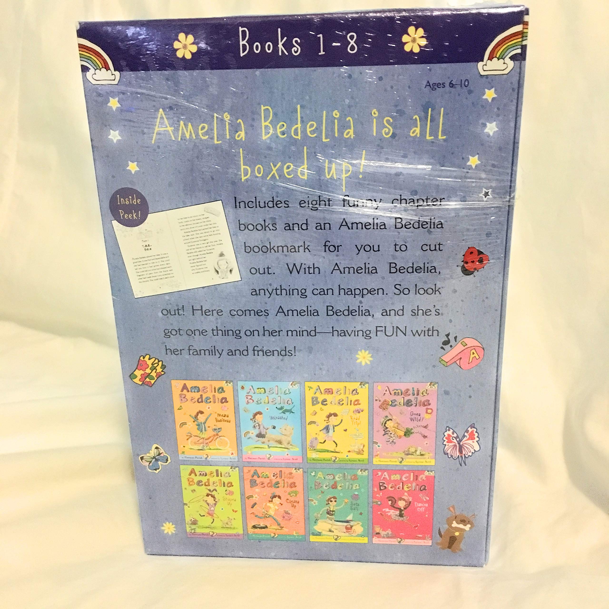 Amelia Bedelia 8-Book Collection Set - back of box showing titles and Amelia Bedelia bookmark